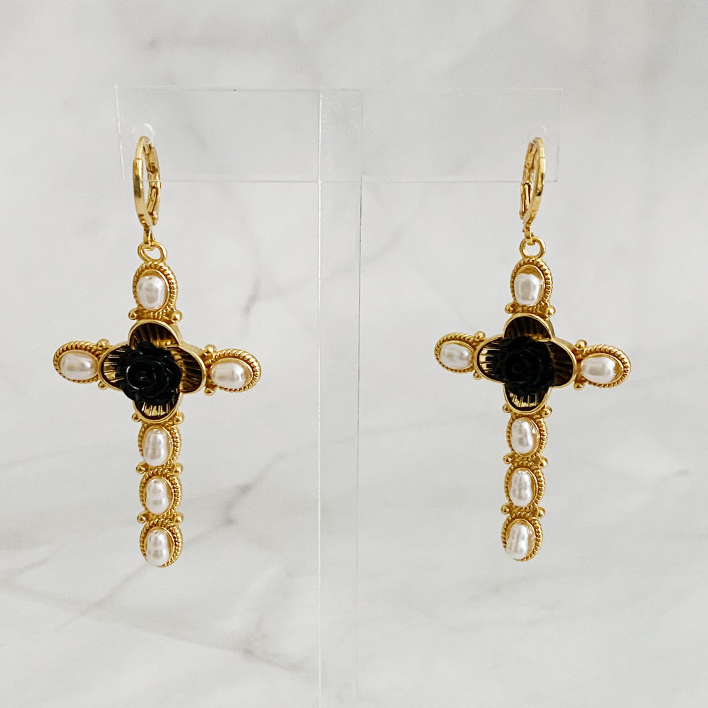 Black Rose Cross Earrings-3