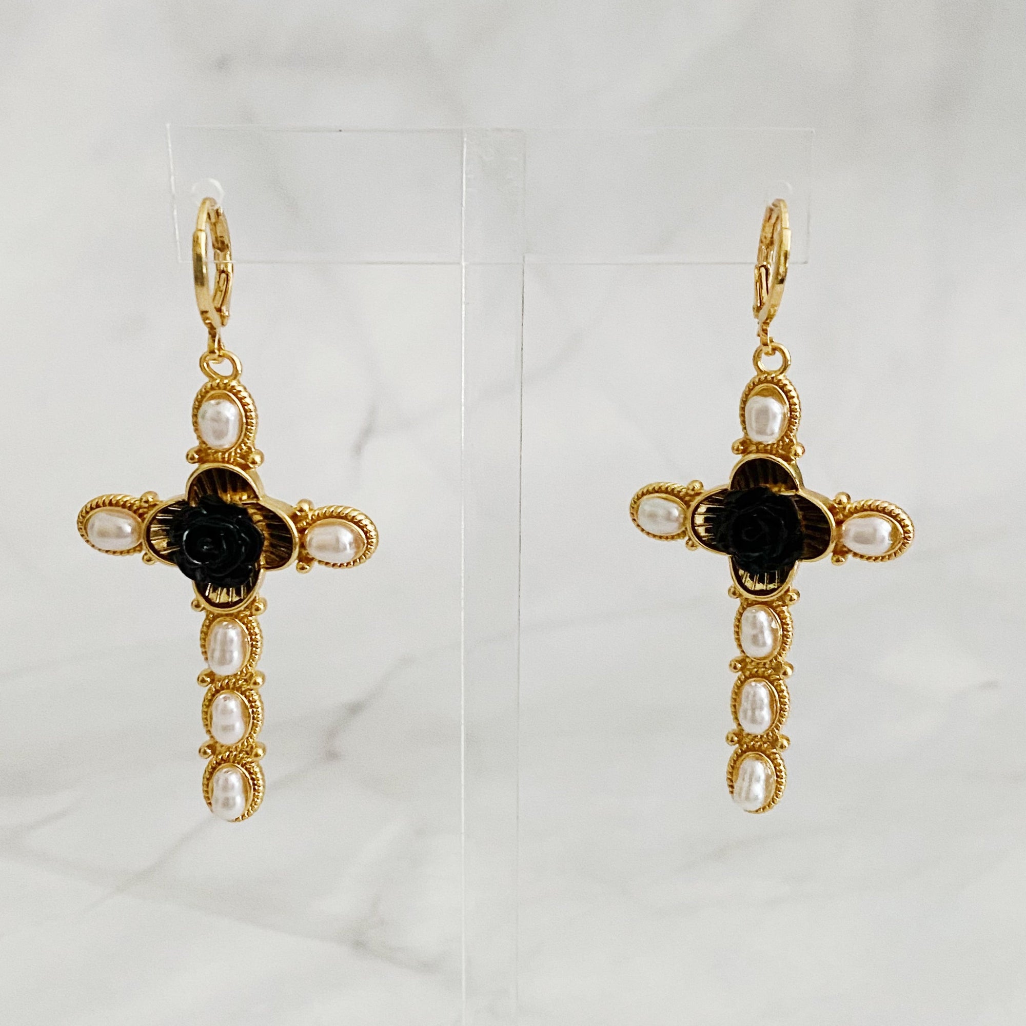 Black Rose Cross Earrings-3