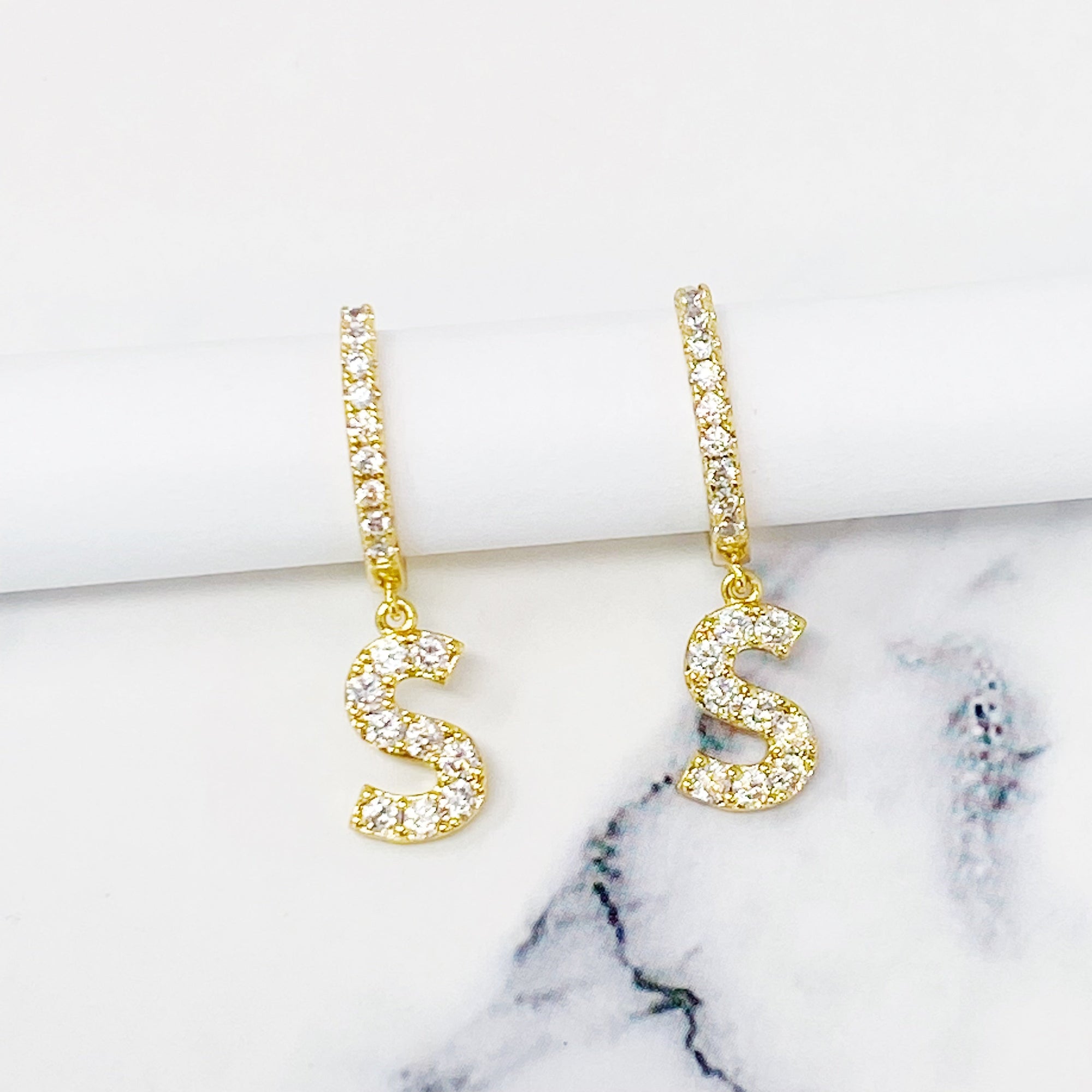 Crystal Initial Drop Earrings-17