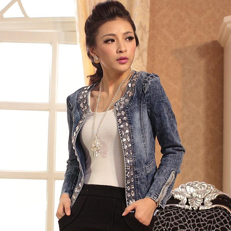 Chic Denim  Retro Short Jacket with Rhinestone & Sequin Embellishment