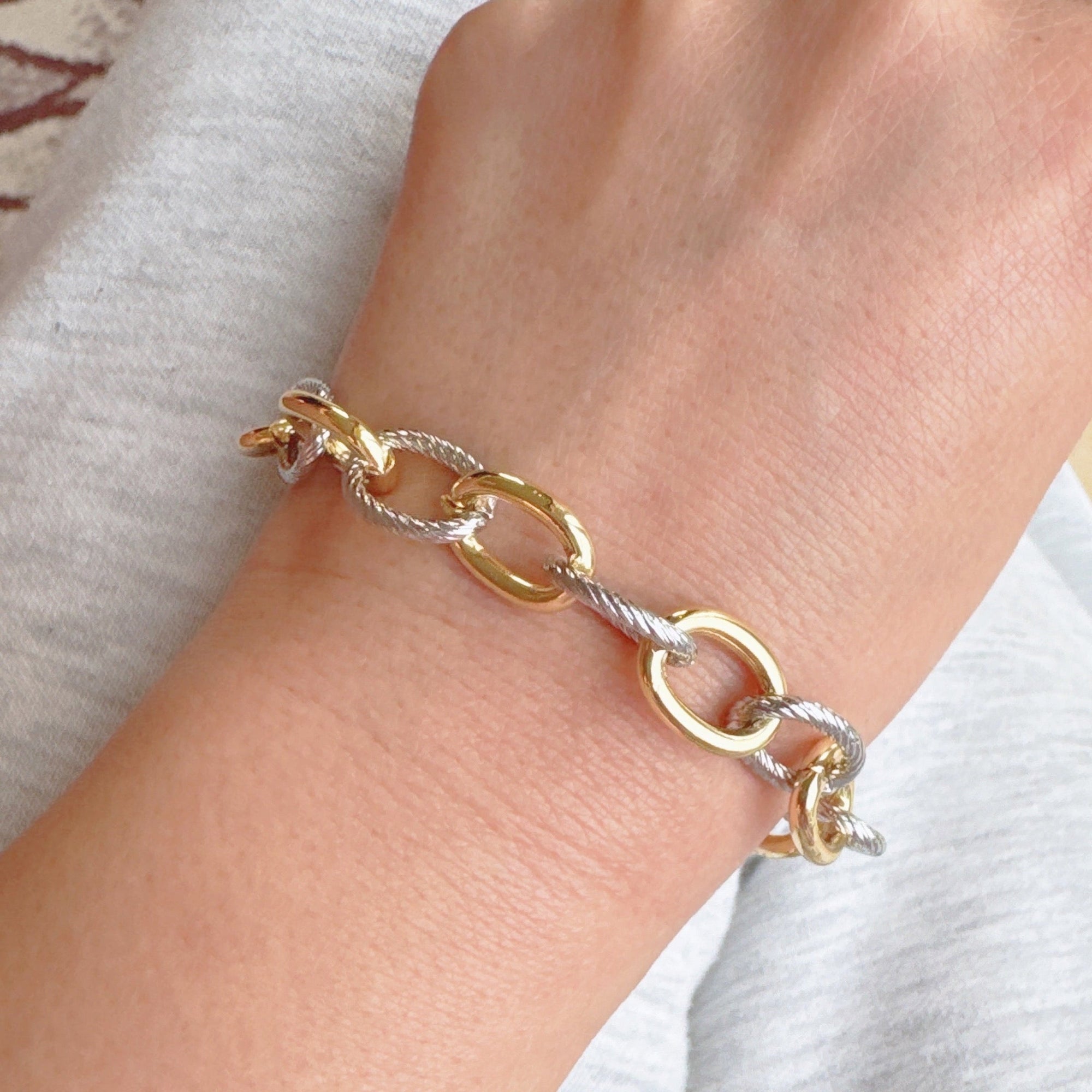 Cabled Texture Two Tone Chain Bracelet-0