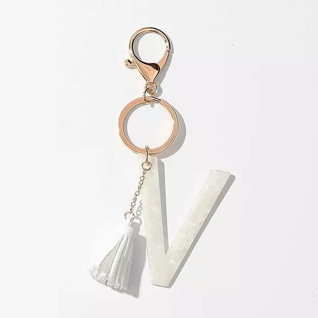 Tasseled Initial Key Chain, White-19