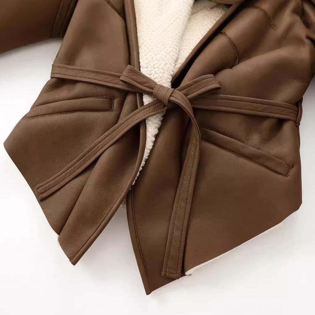 Chic French Waist Suede Jacket - Stylish Chocolate Leather Jacket for Women