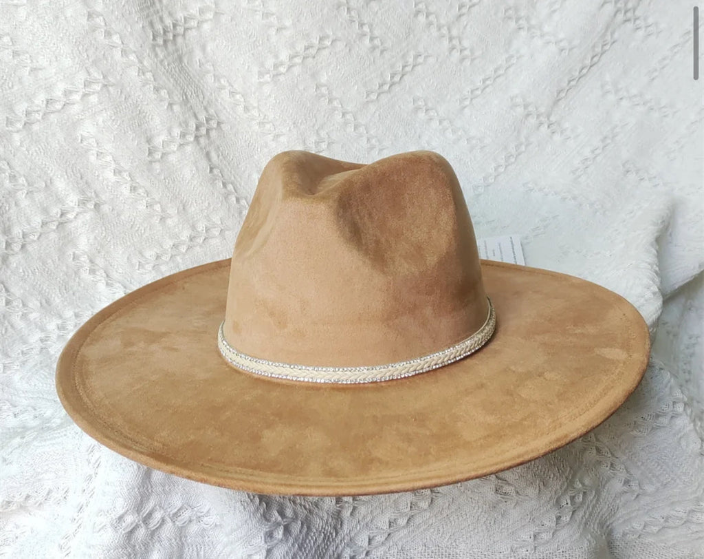 Dazzleme Suede Wide Brim Fedora Hat - Vegan Suede Material, Adjustable Straps, 10cm Brim, 12cm Height, Unisex Fashion Accessory-0