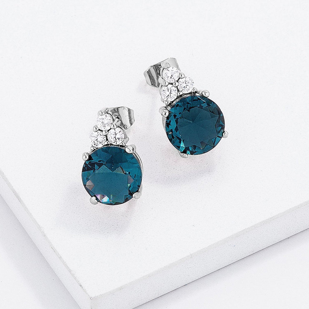 Simple Rhodium Plated 9mm Blue Green CZ Stud Earring-0