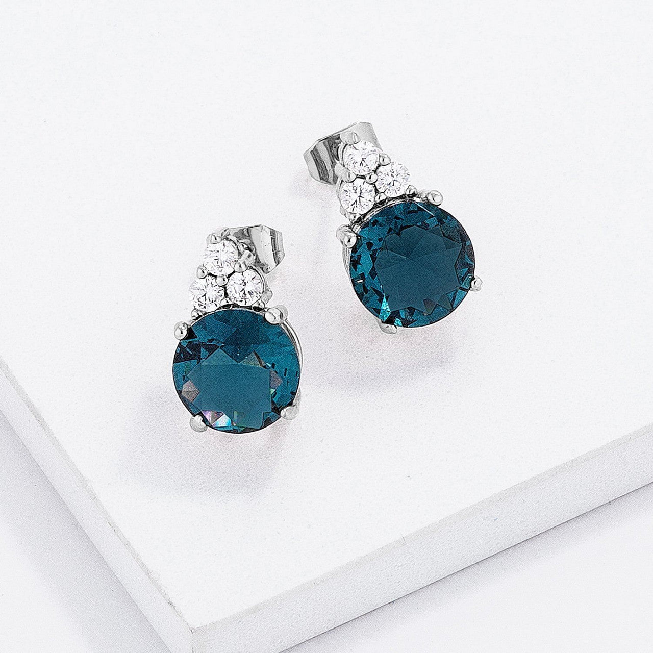 Simple Rhodium Plated 9mm Blue Green CZ Stud Earring-0