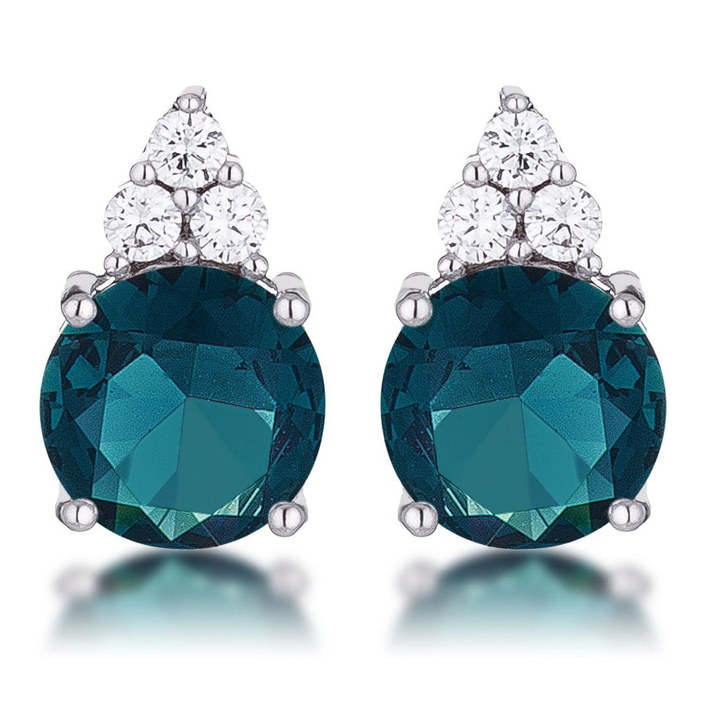 Simple Rhodium Plated 9mm Blue Green CZ Stud Earring-1