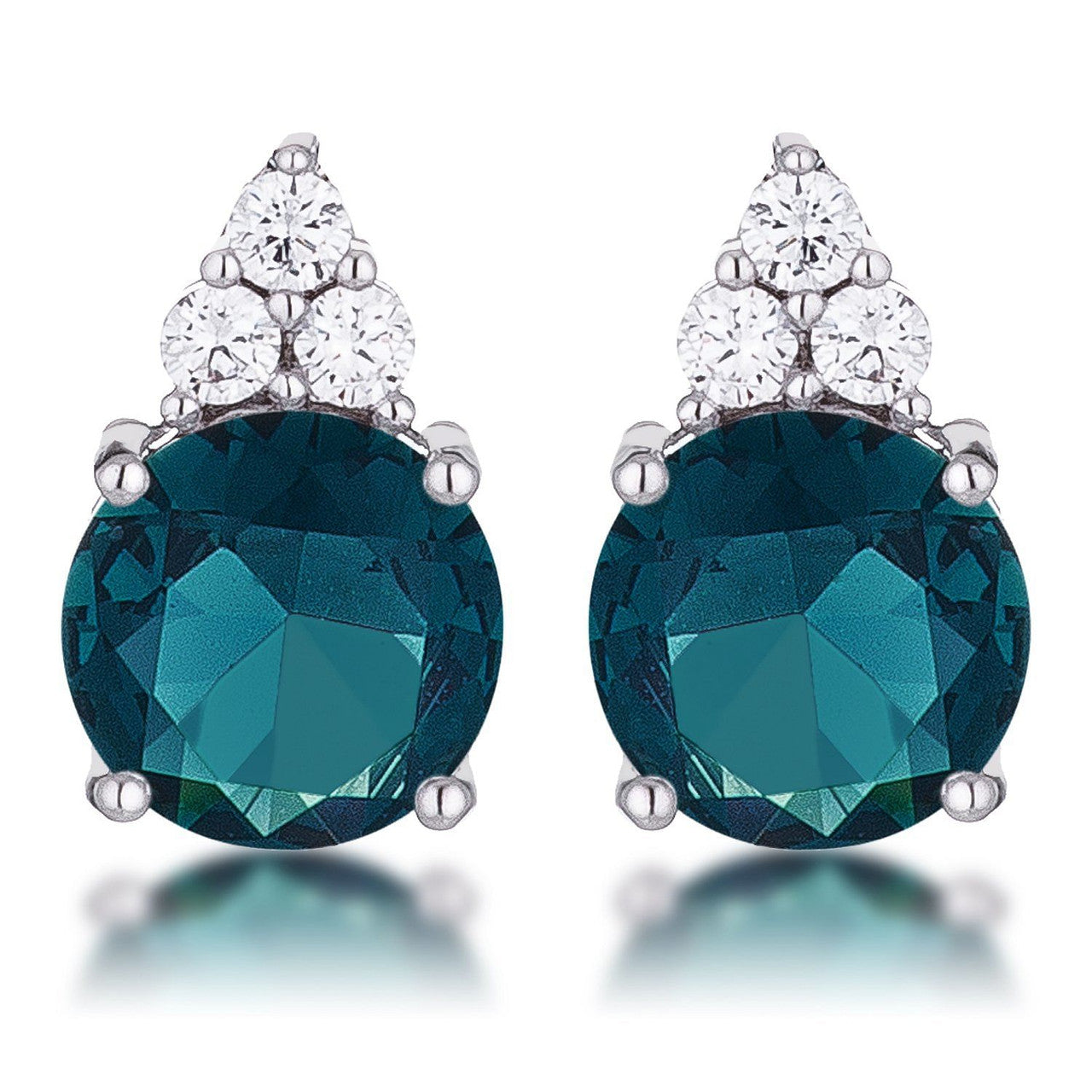 Simple Rhodium Plated 9mm Blue Green CZ Stud Earring-1