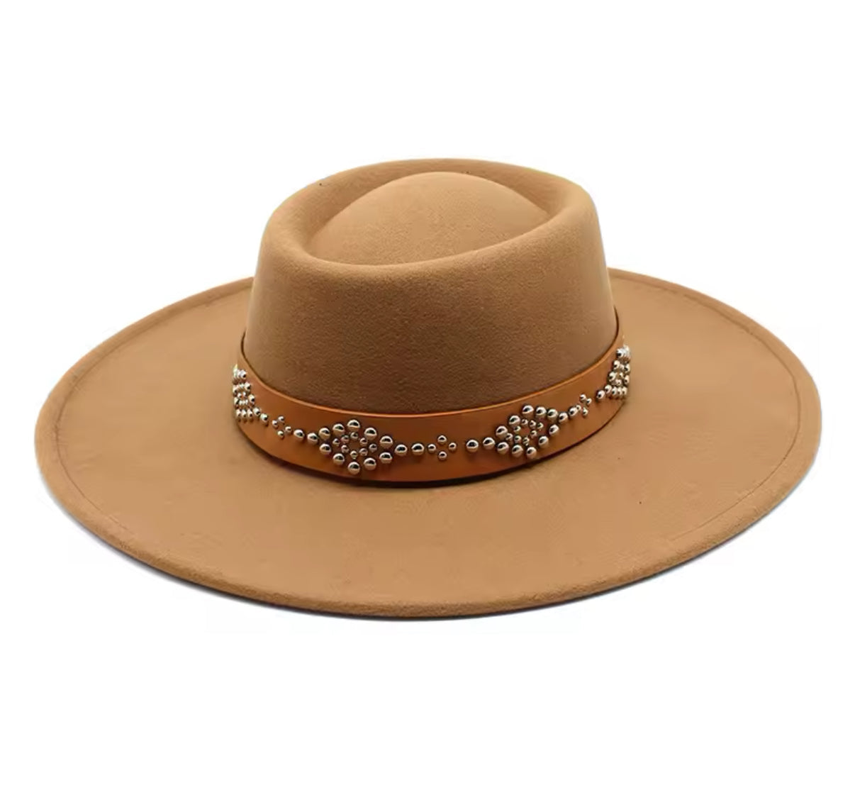 Round Widebrim Nailhead Fedora Hat - Brown with Decorative Beads and Buckle Closure-0