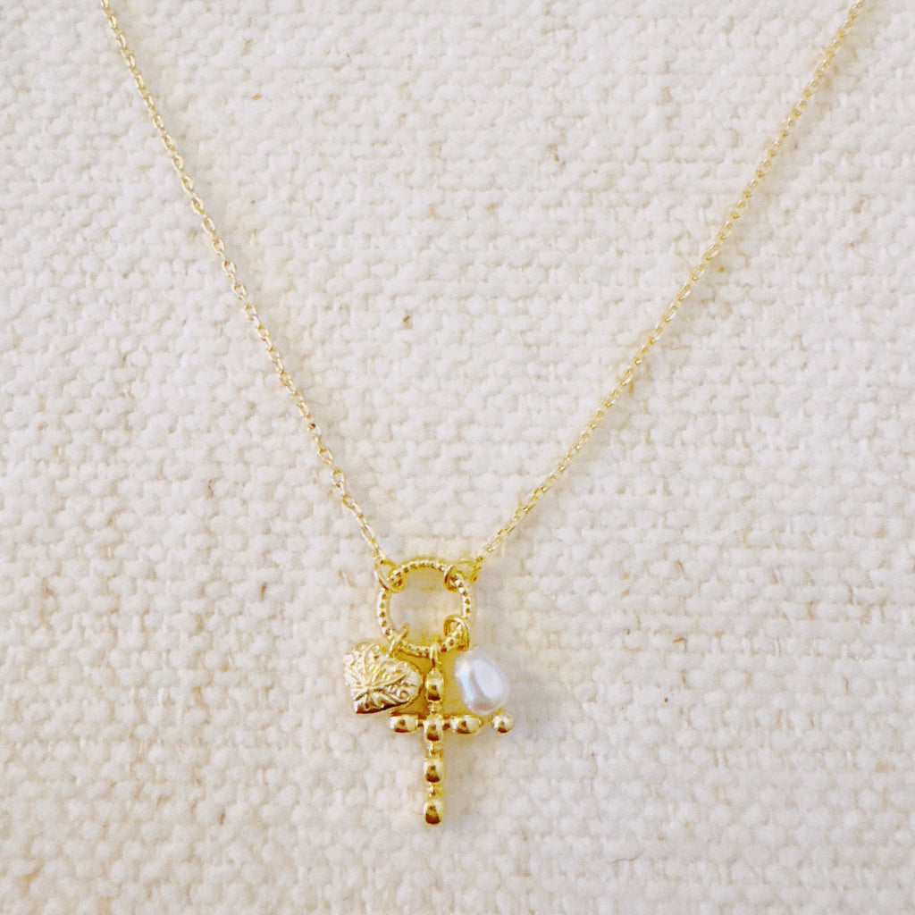 Faith & Love Charm Necklace – Gold-Tone Chain with Heart, Cross, and Pearl Charms-1