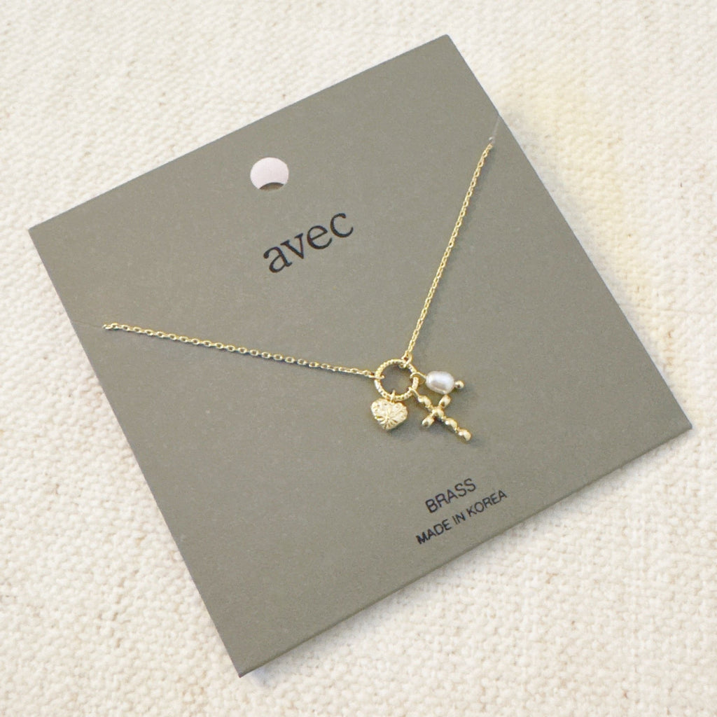 Faith & Love Charm Necklace – Gold-Tone Chain with Heart, Cross, and Pearl Charms-3