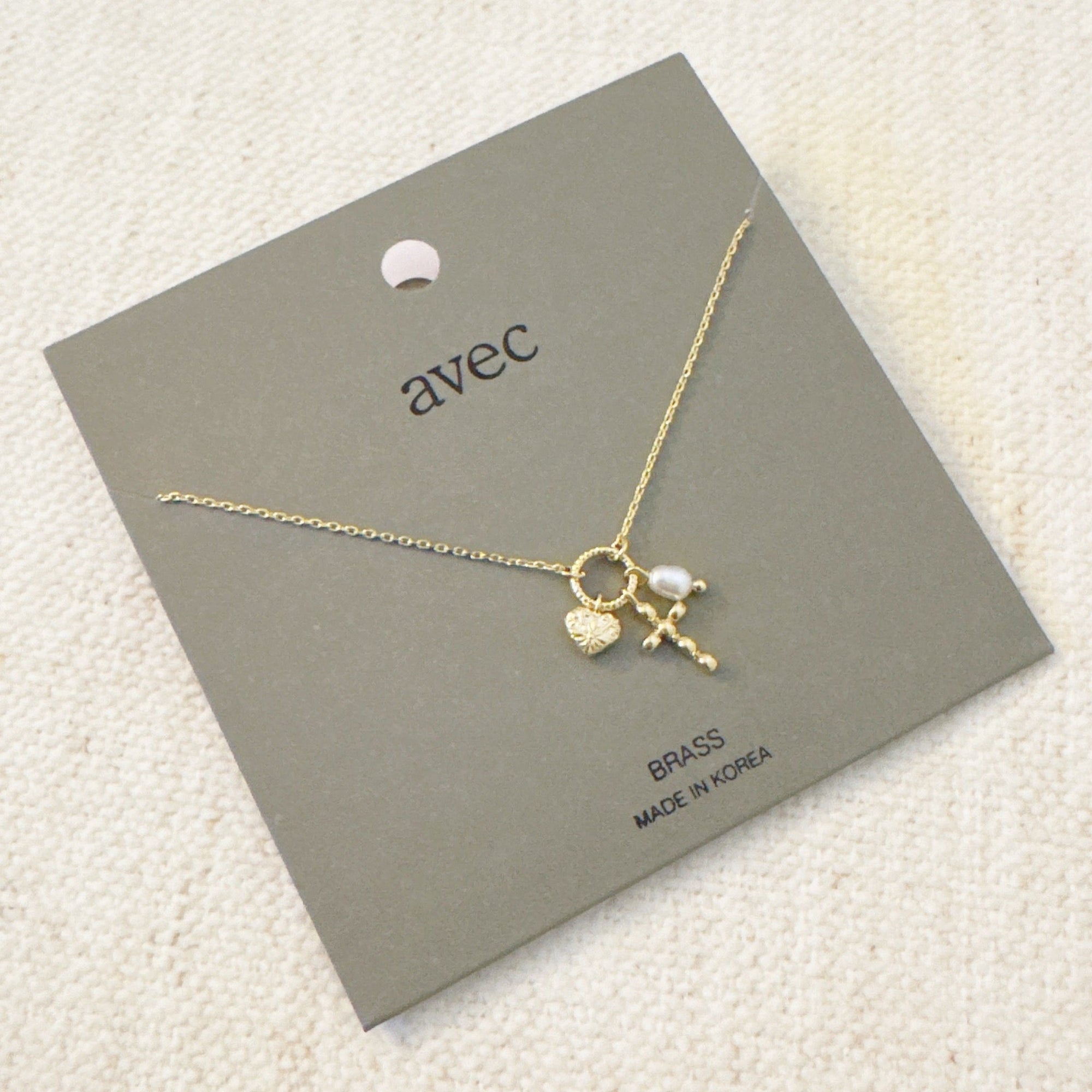 Faith & Love Charm Necklace – Gold-Tone Chain with Heart, Cross, and Pearl Charms-3