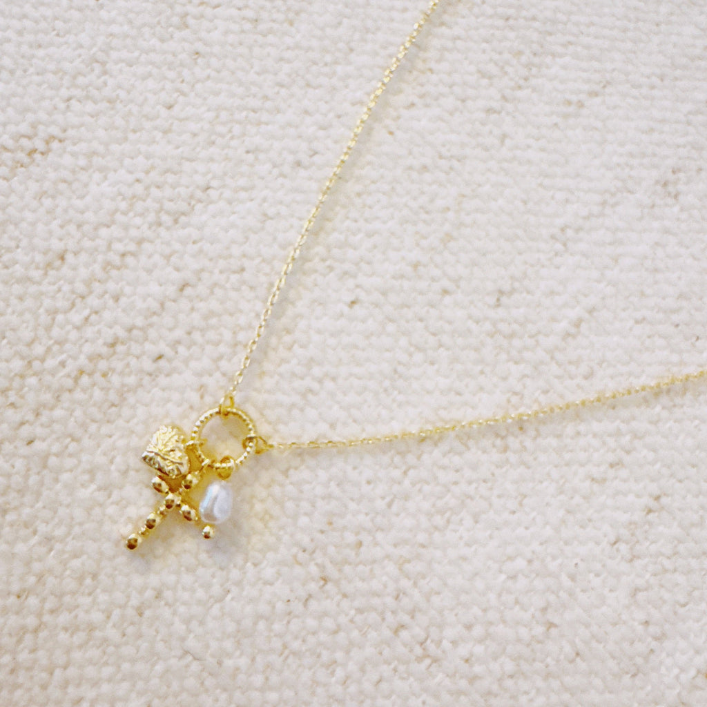 Faith & Love Charm Necklace – Gold-Tone Chain with Heart, Cross, and Pearl Charms-0