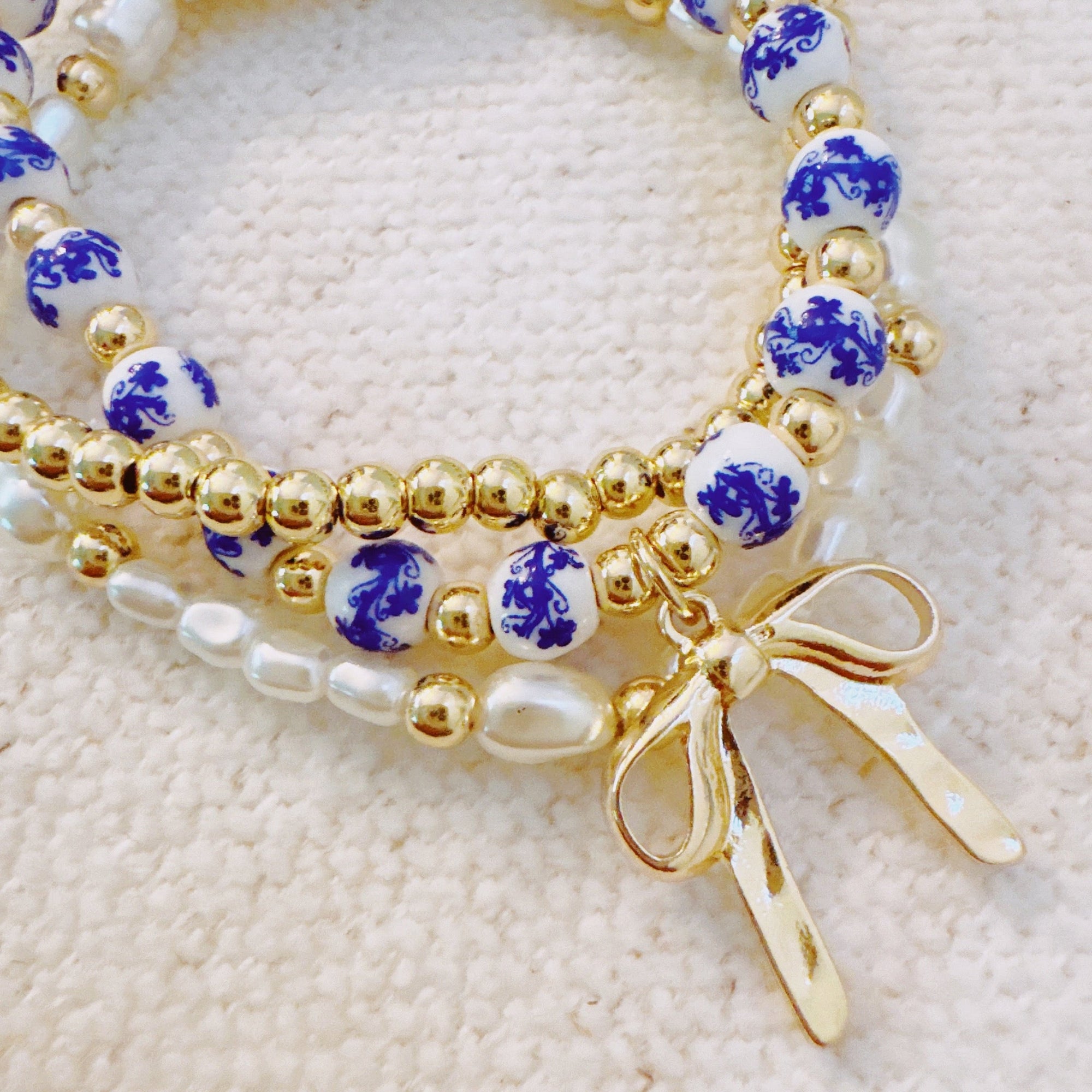 Floral Ceramic Beaded Bracelet Set – Trio of Delicate Layers-1