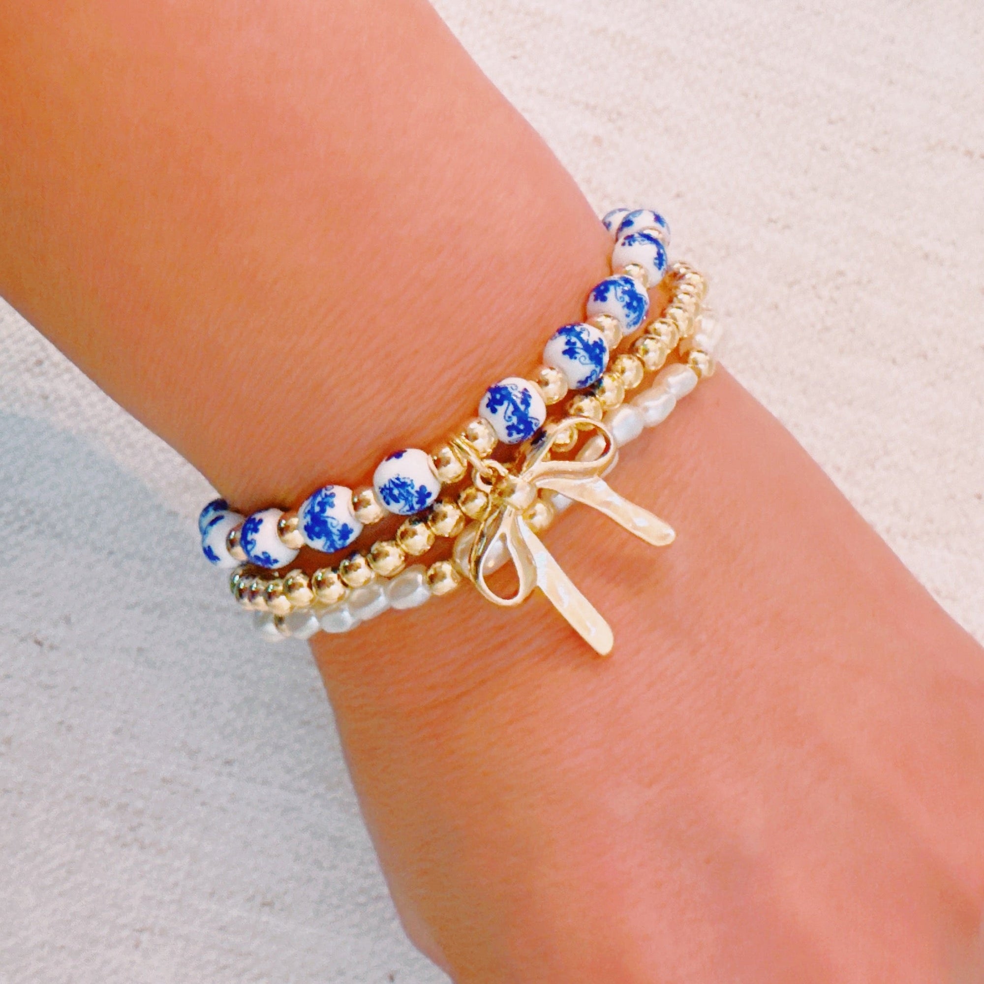 Floral Ceramic Beaded Bracelet Set – Trio of Delicate Layers-0