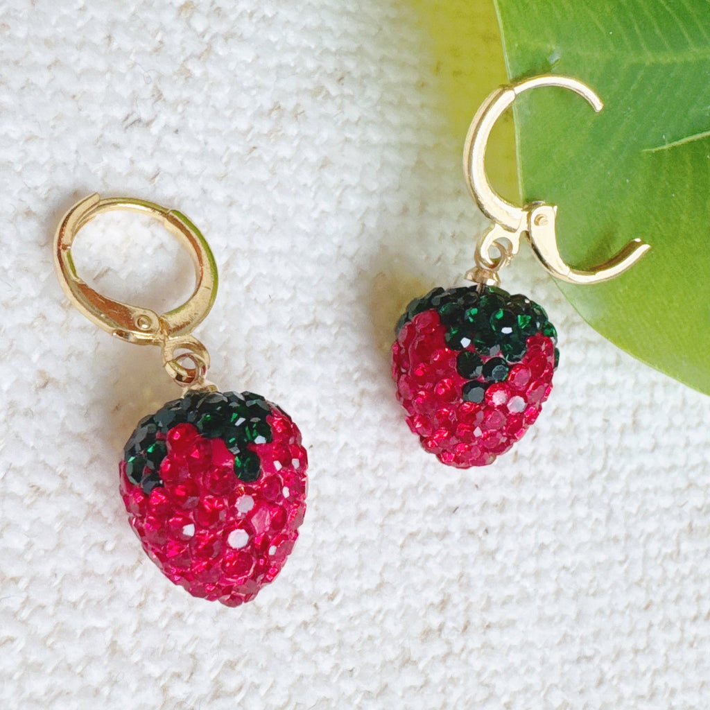 Fresh Cut Strawberry Dangle Huggie Earrings-1