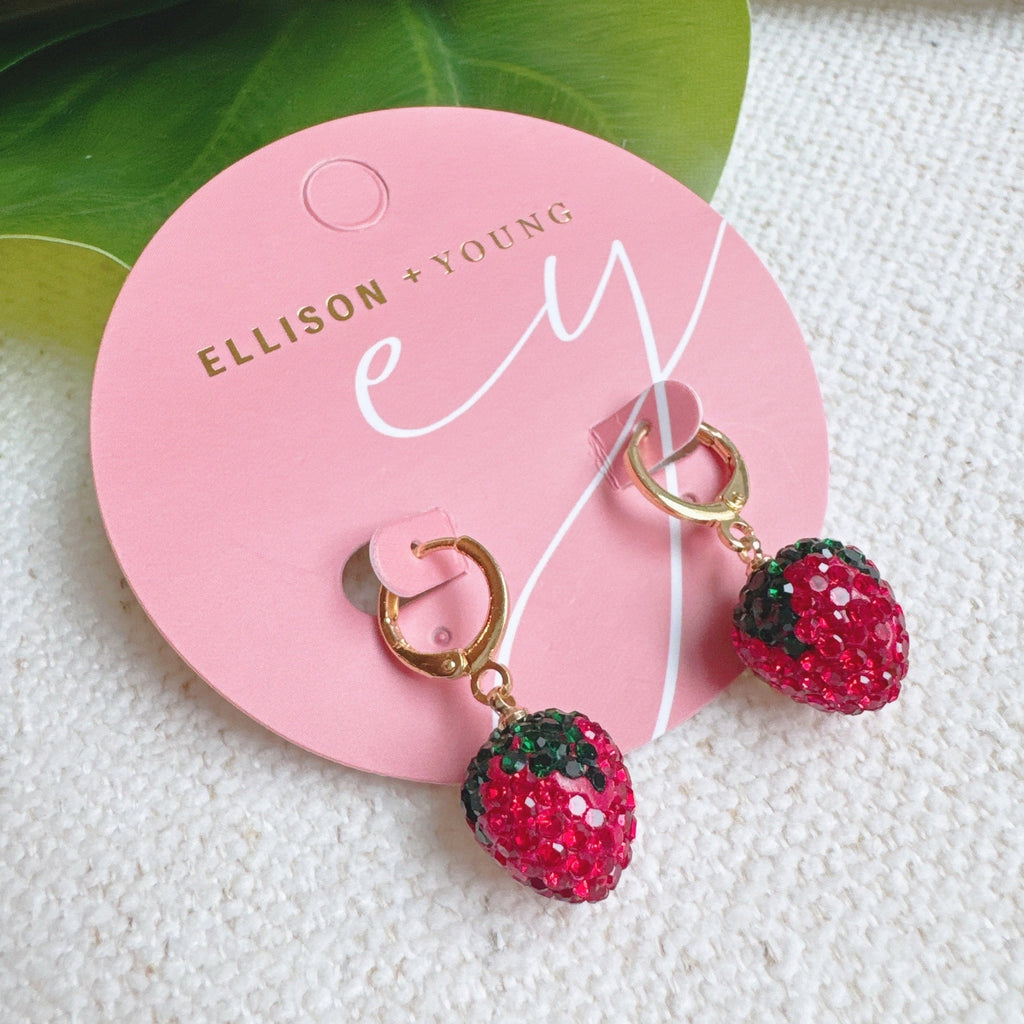 Fresh Cut Strawberry Dangle Huggie Earrings-3