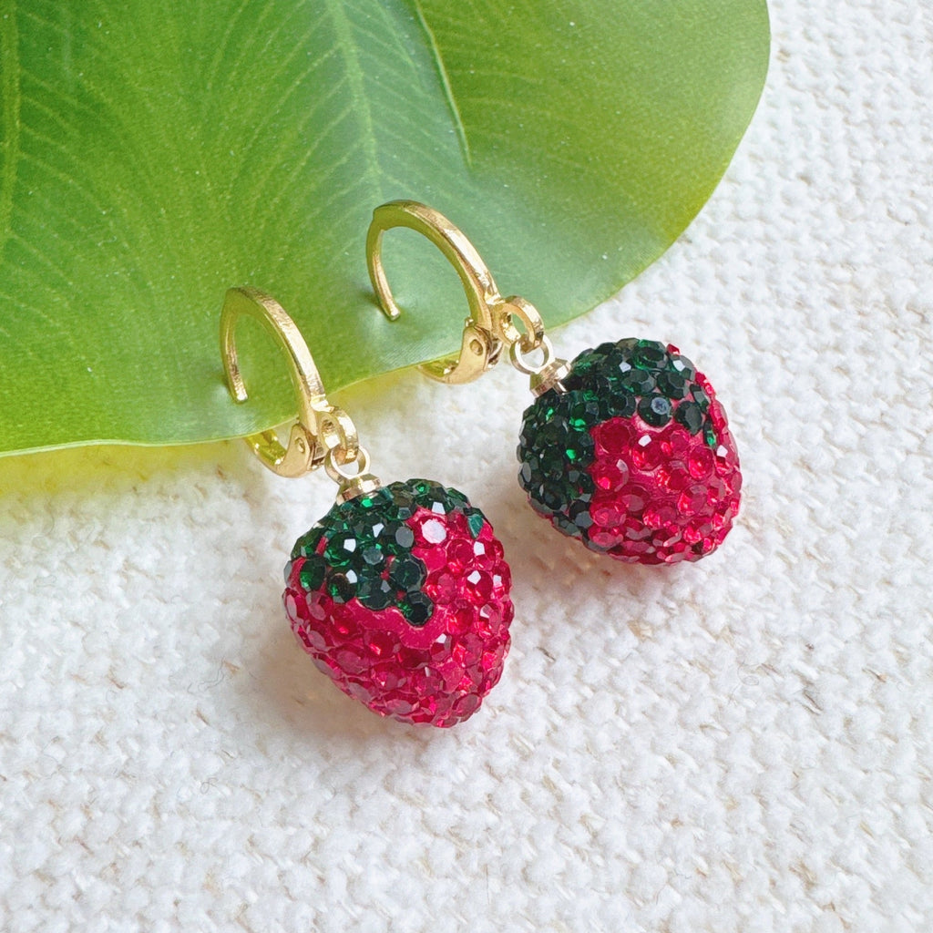 Fresh Cut Strawberry Dangle Huggie Earrings-0
