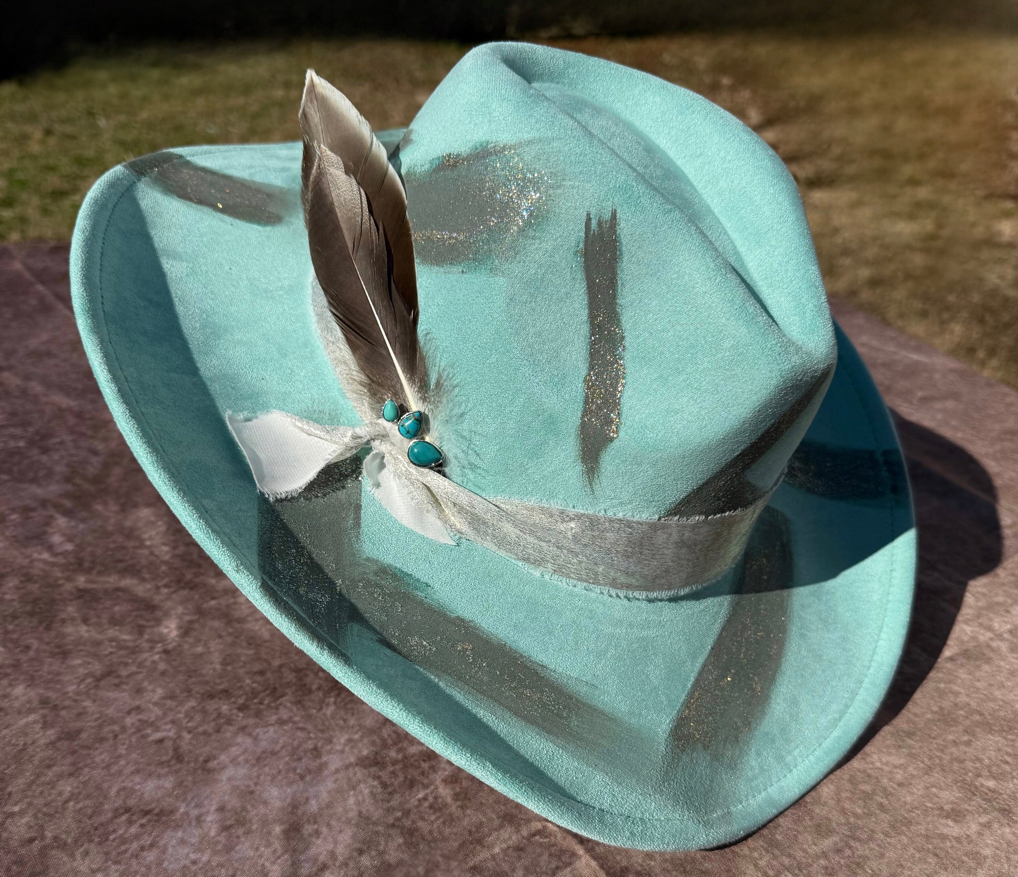 Western Twang Suede Cowboy Hat with Feather Accent and Blue Ribbon, Featuring Western Design Elements-1