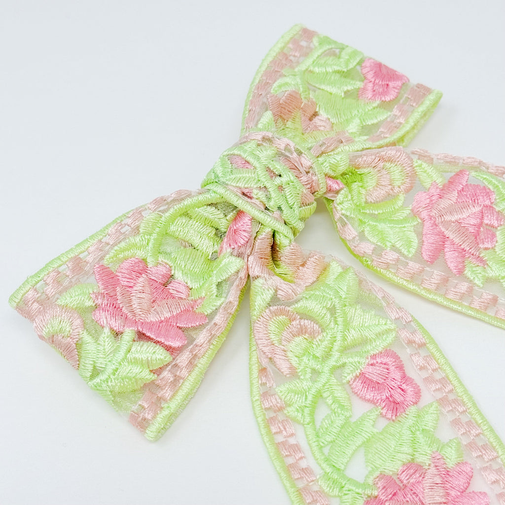 Lacey Flower Embroidered Bow Hair Clip-3