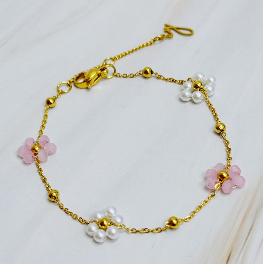 Pearl And Glass Bead Flower Bracelet-2
