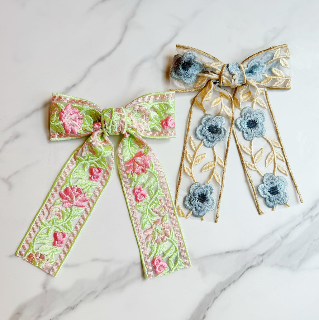 Lacey Flower Embroidered Bow Hair Clip-0