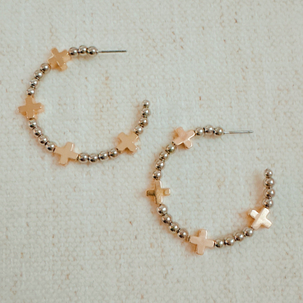 Golden Crosses Beaded Hoop Earrings-1
