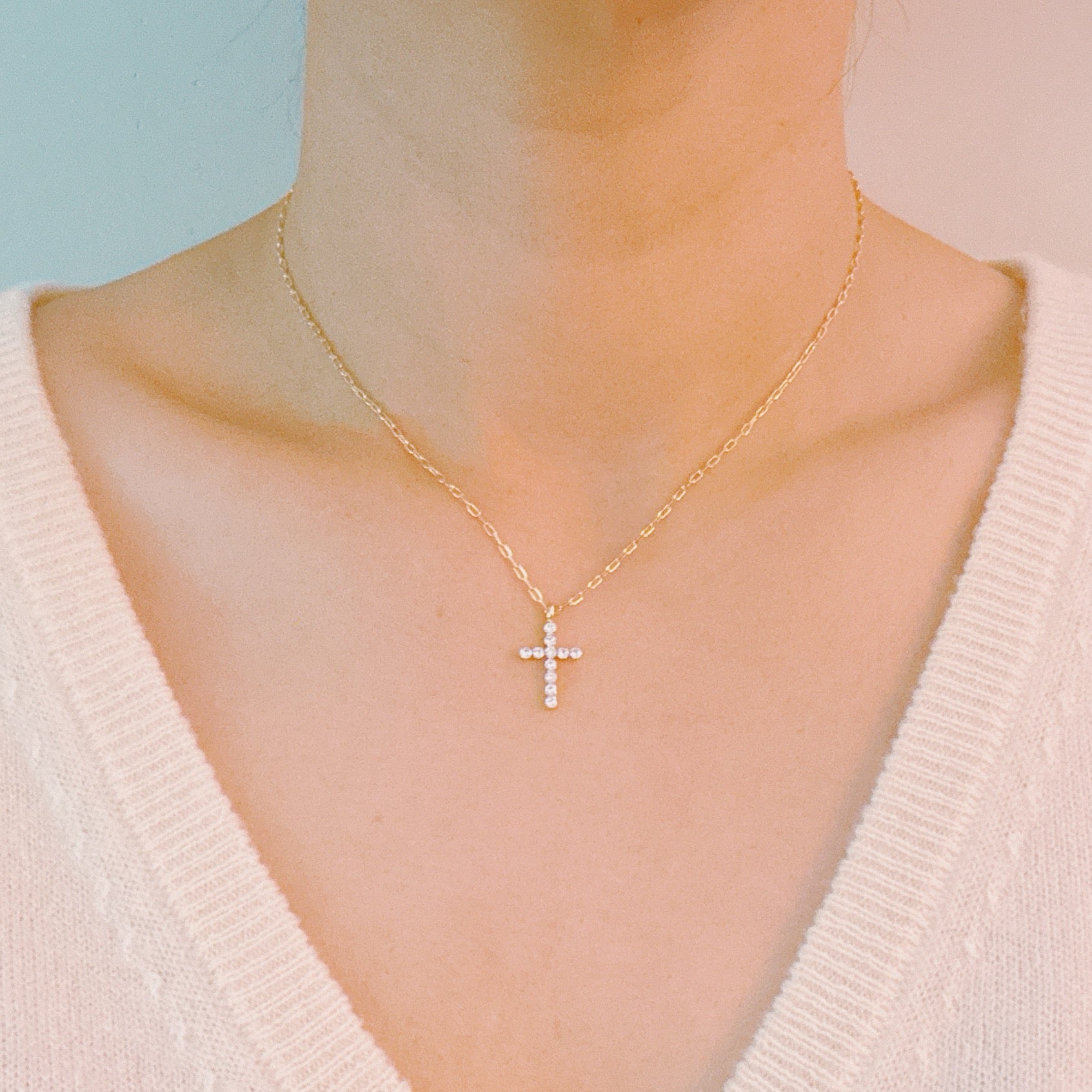 Faceted Crystal Cross Necklace-3
