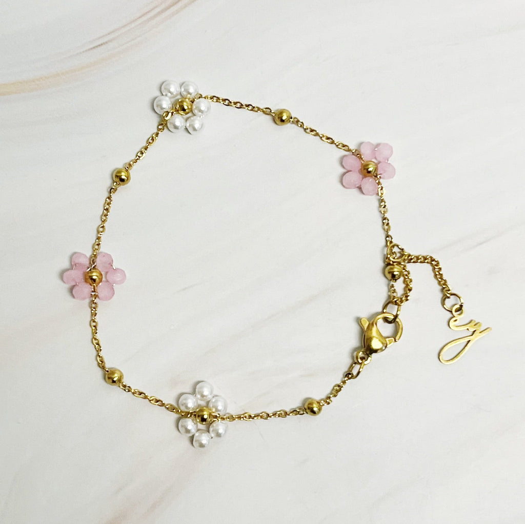 Pearl And Glass Bead Flower Bracelet-1