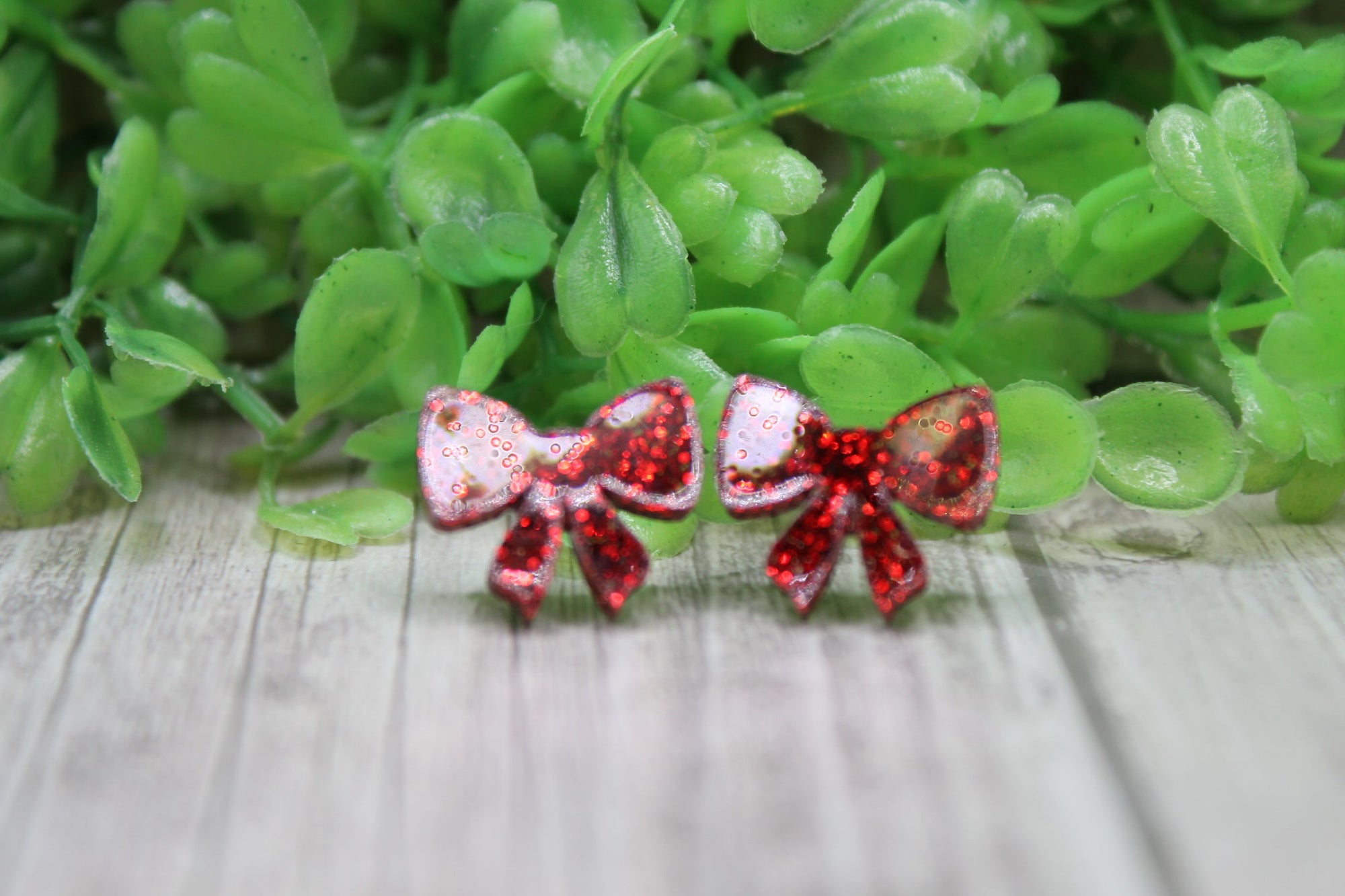 Red Glitter Bow • Stud Earrings