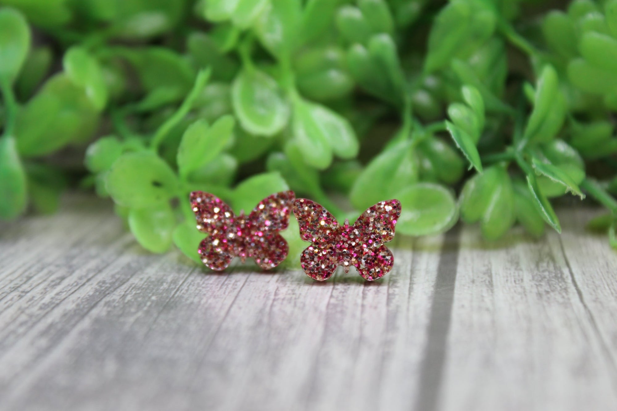 Pink and Gold Glitter Butterfly • Stud Earrings