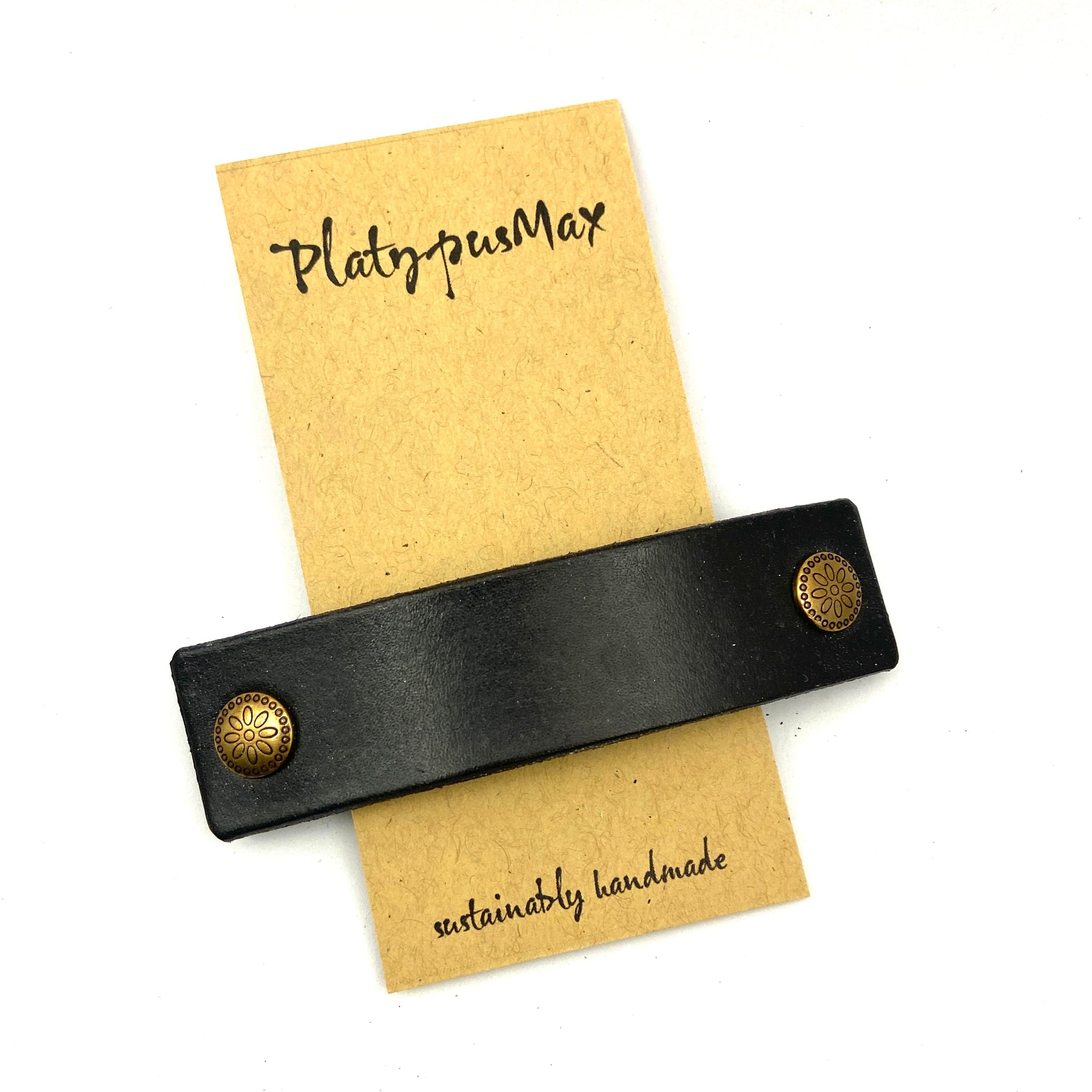 Black Leather & Decorative Brass Stud Barrette-0