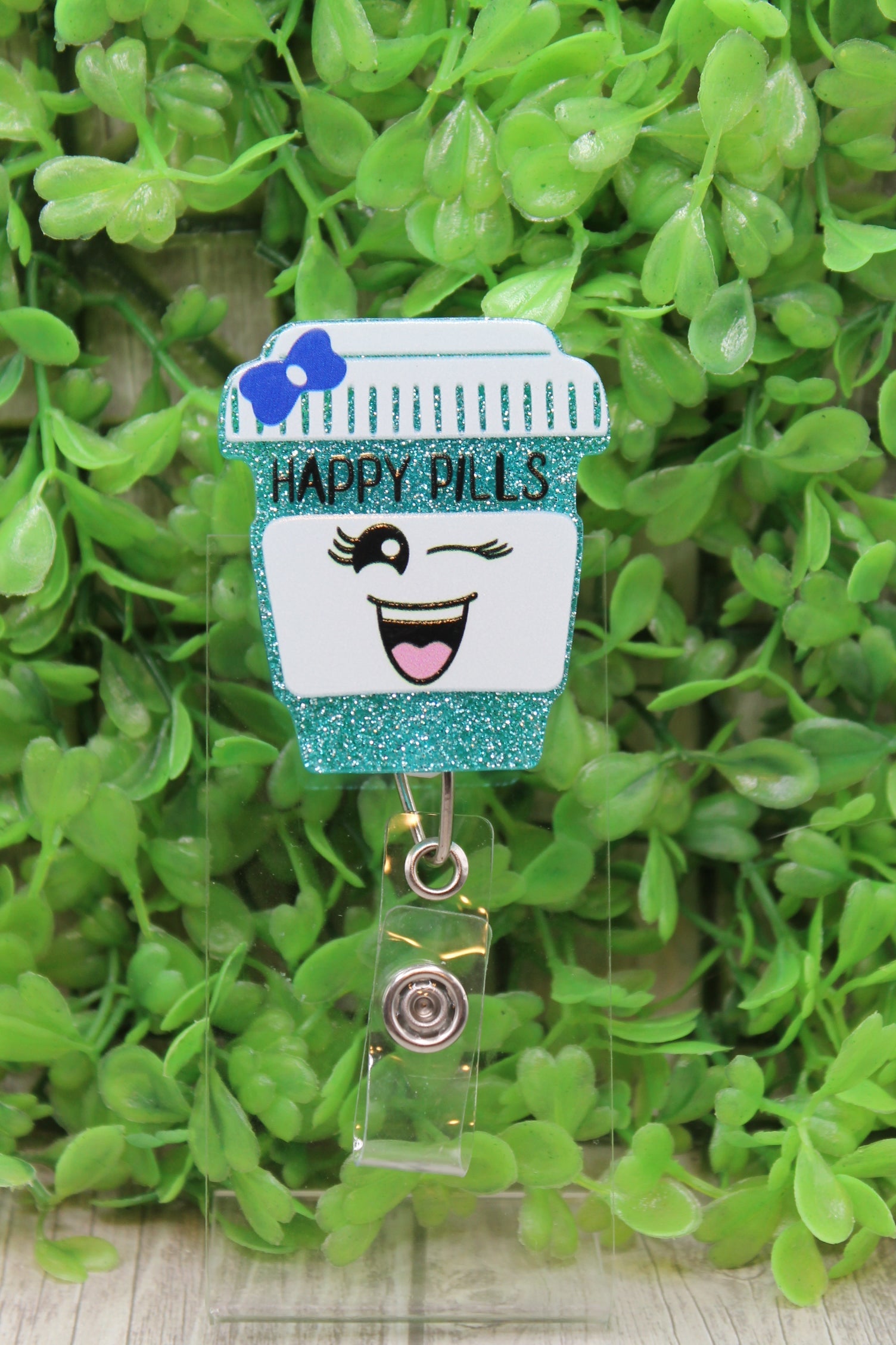 Happy Pills Glitter Teal Badge/ID Holder Reel
