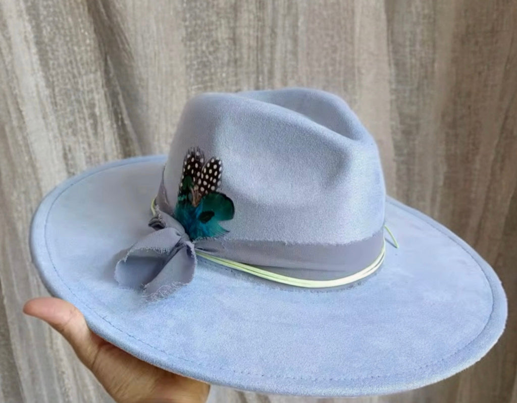 Luxury Fedora Hat - Blue Ice with Decorative Flower and Bow, Lightweight Design-0