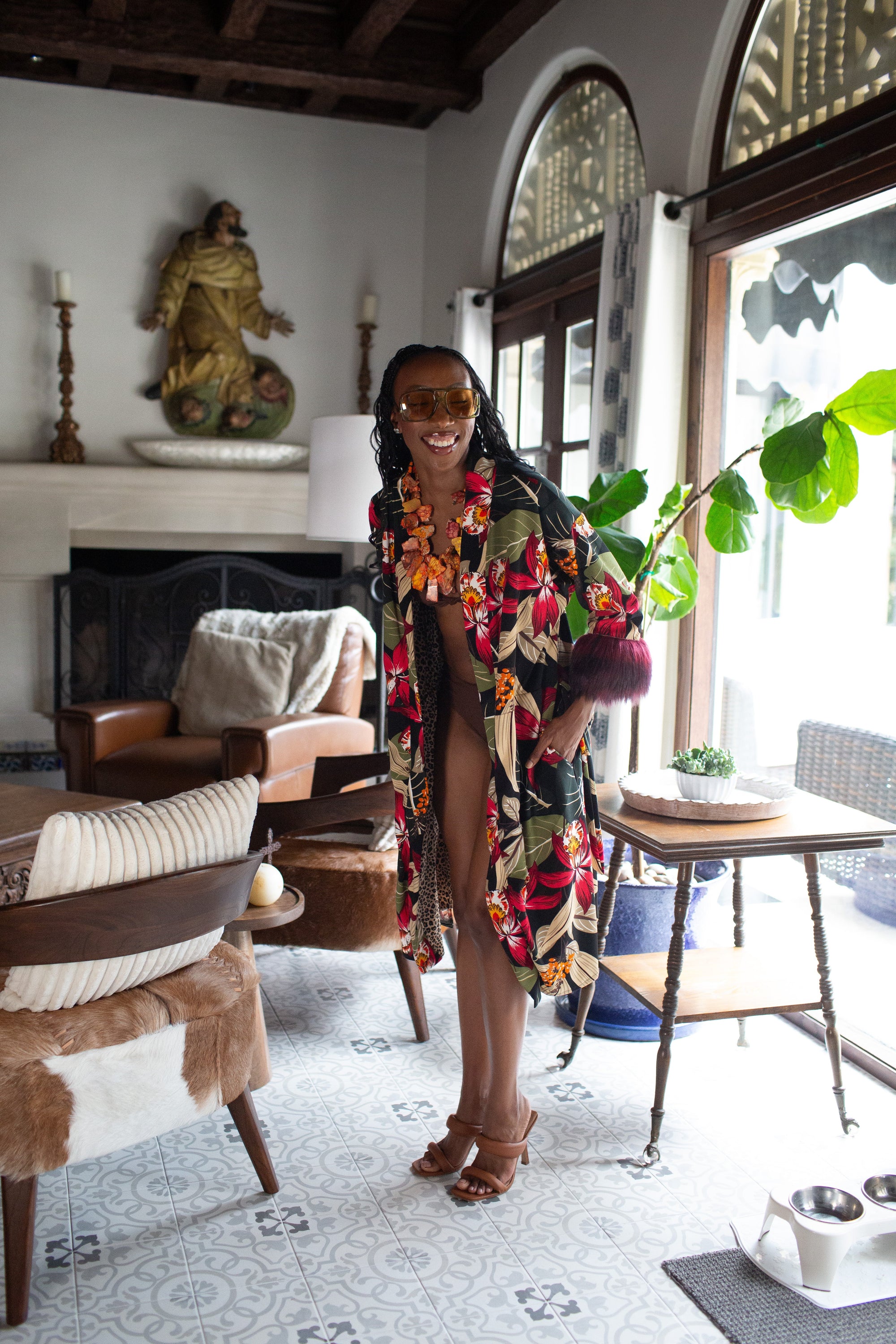 Jardin Nuit Faux Fur Koi Kimono
