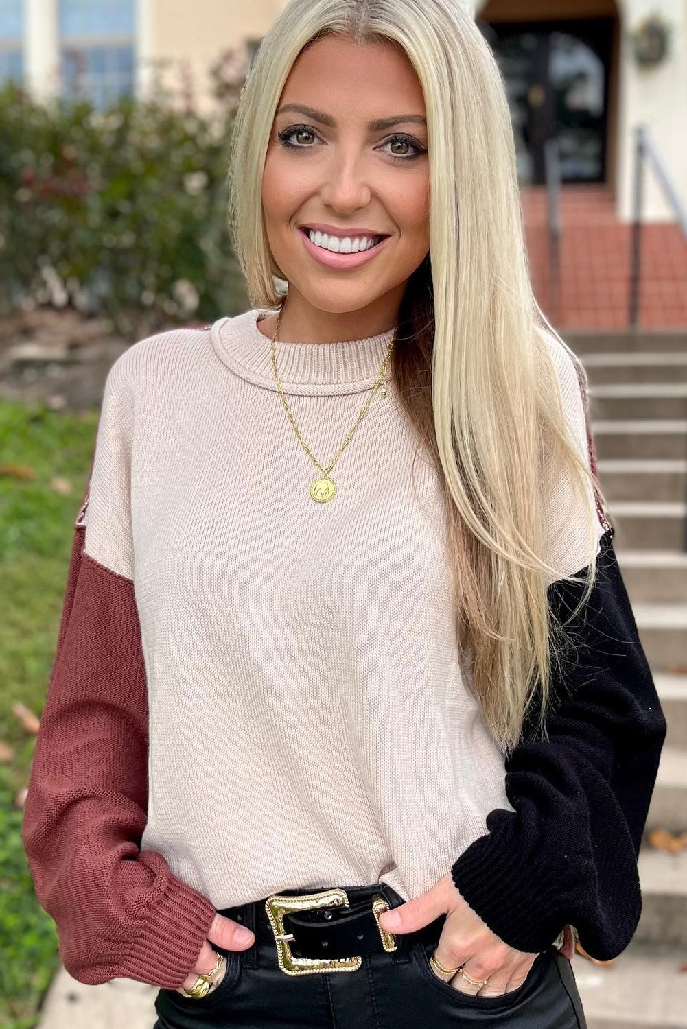 Aspen Bishop Sleeve Ribbed Trim Sweater-1