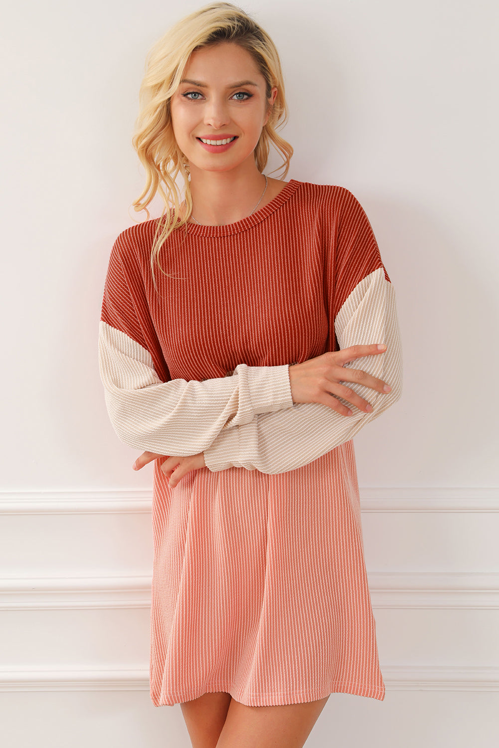 Eva Colorblock Corded Long Sleeve Mini Dress-3