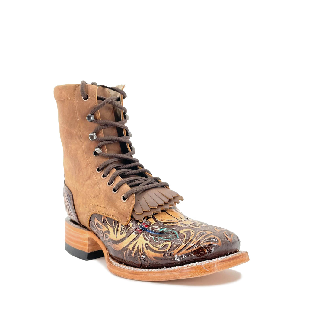 Women's Lace Up Handtooled Boots - Long Horn