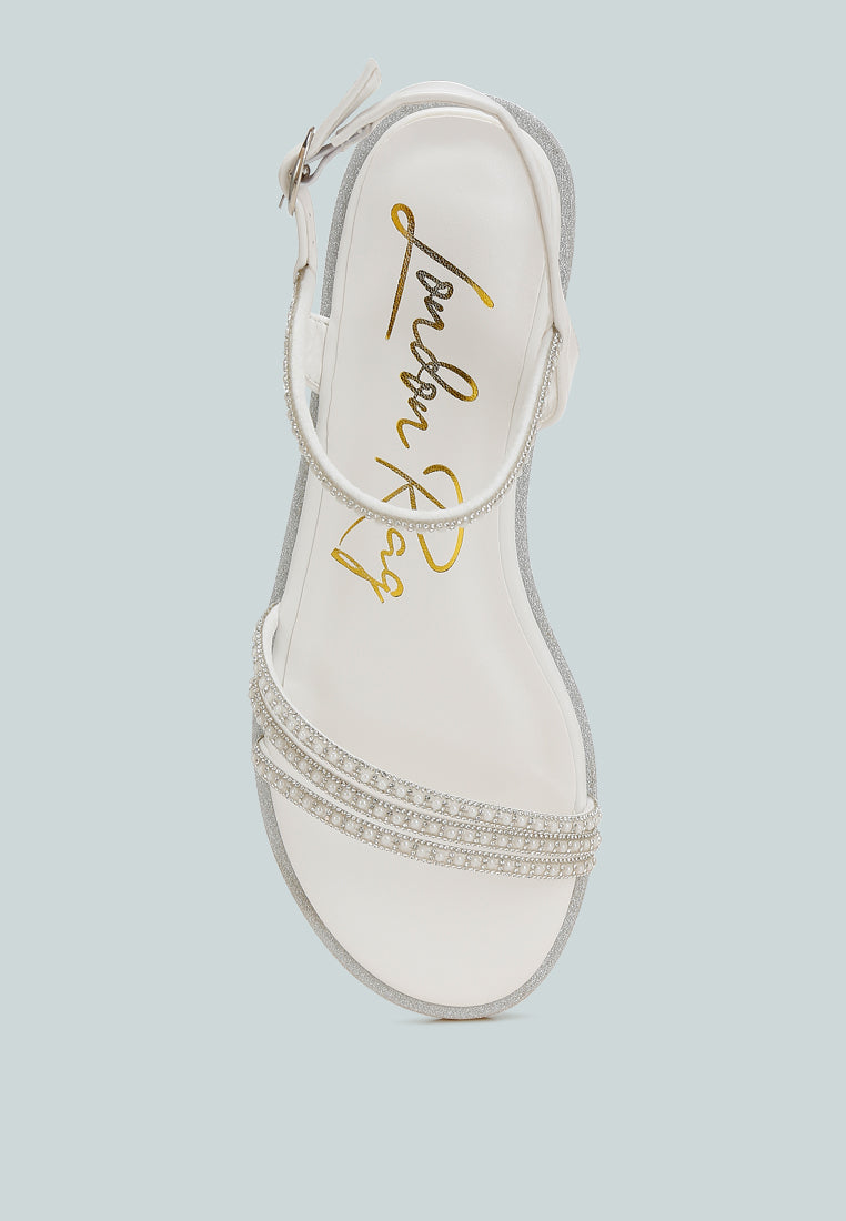 Nobbity Rhinestone Pearl Detail Flat Sandals-3