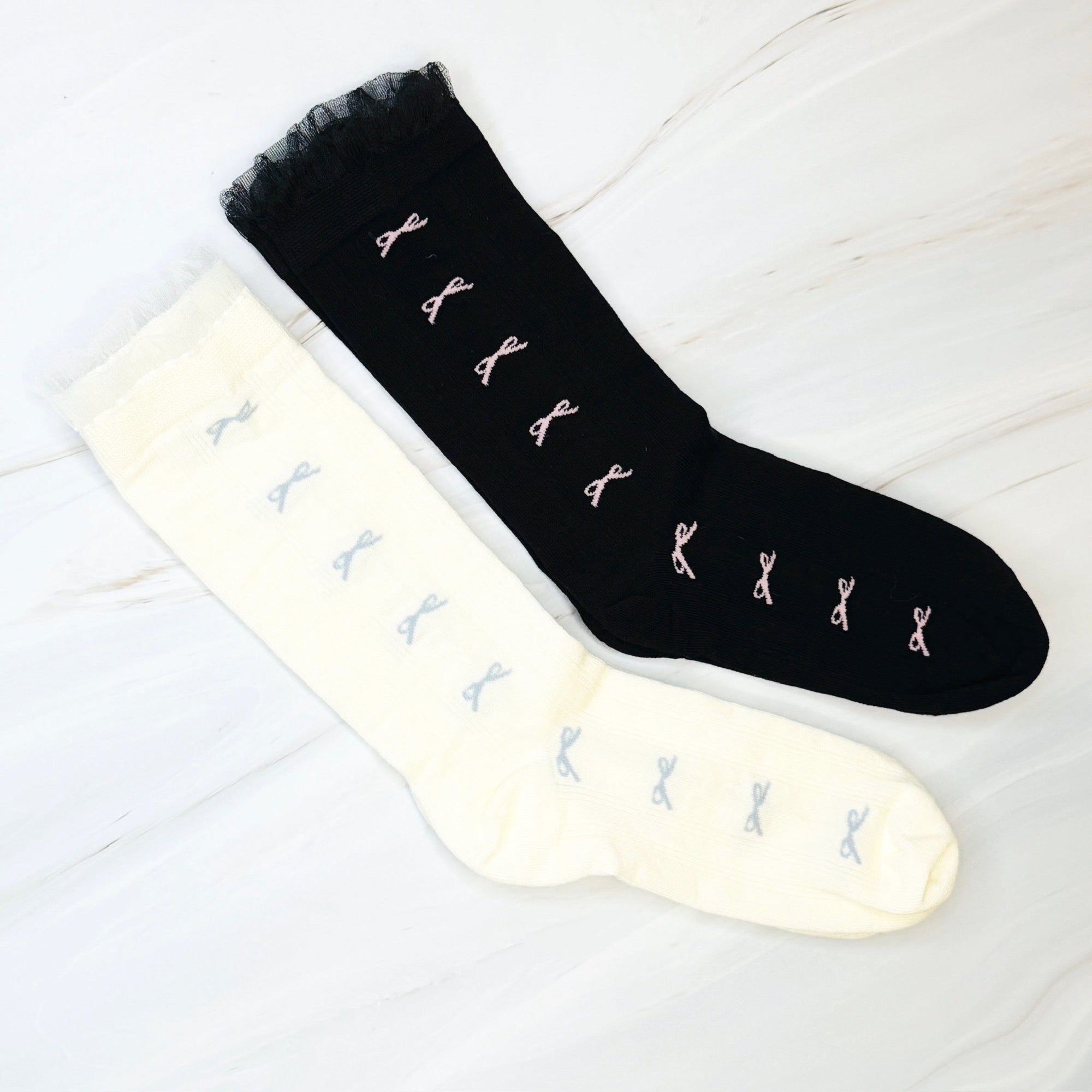 Tulle Top Bow Lined Up Socks Set Of 2-0