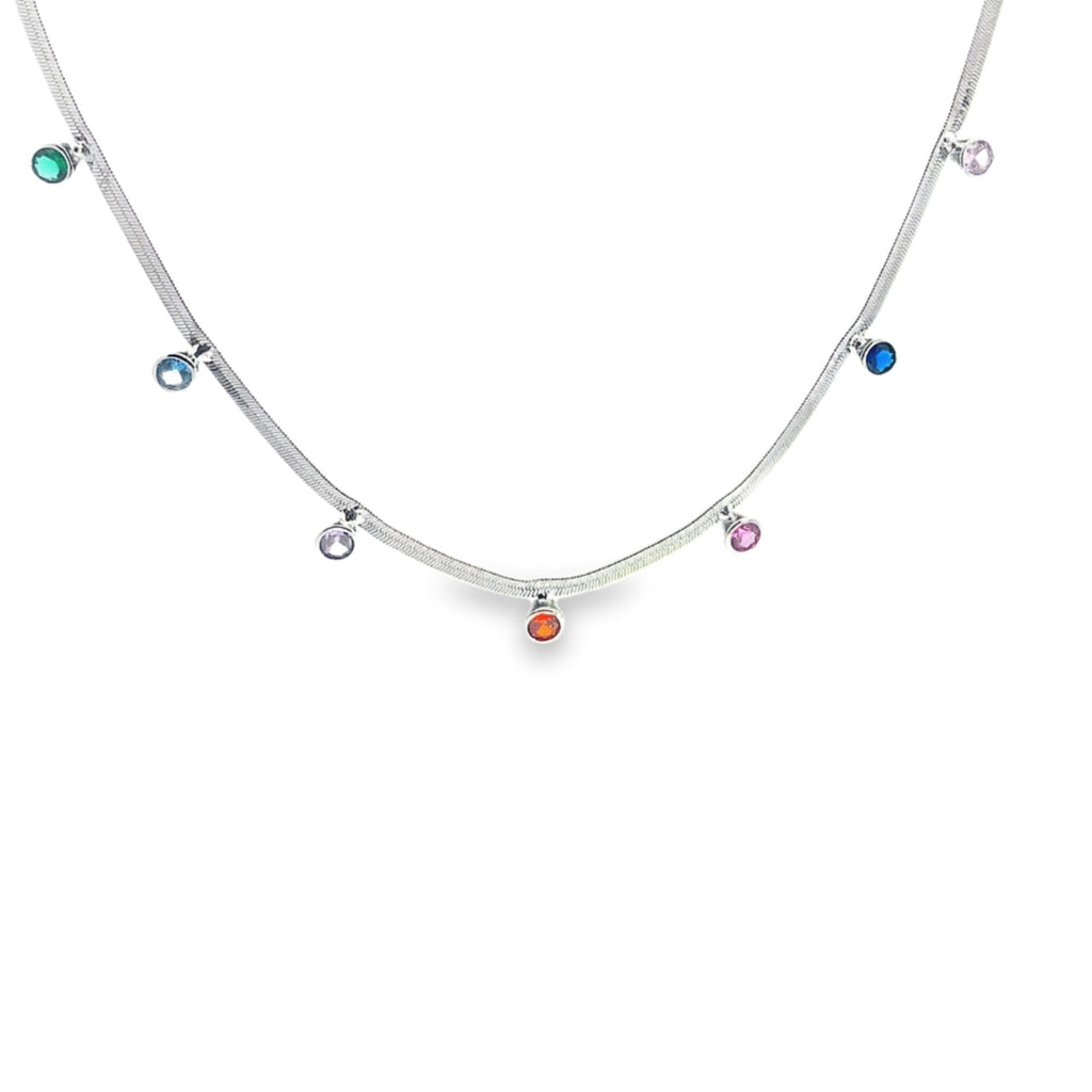 Multicolor CZ Stone 3mm Herringbone Necklace (H243)-1