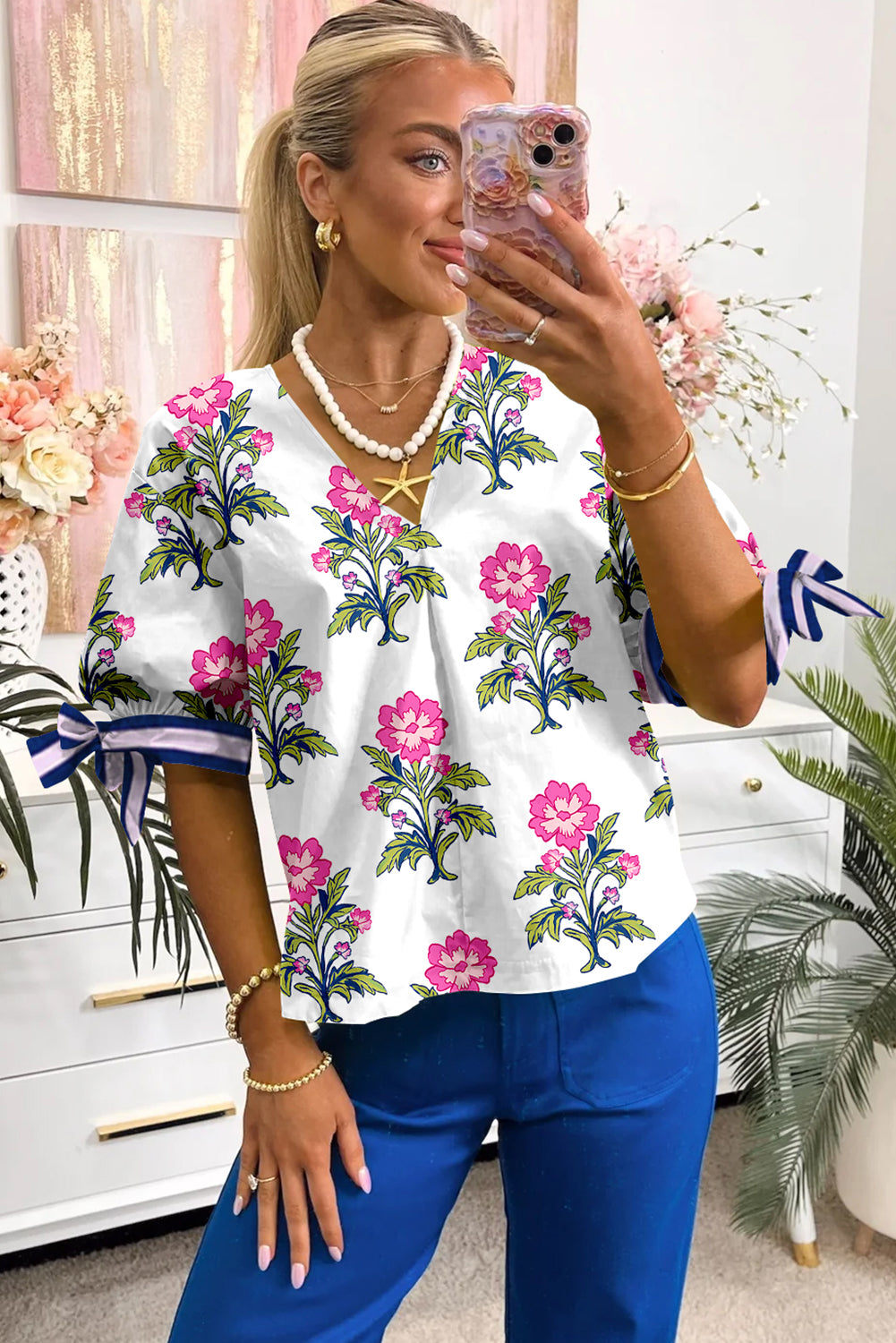 White Floral Print Knot Bubble Sleeve V Neck Blouse