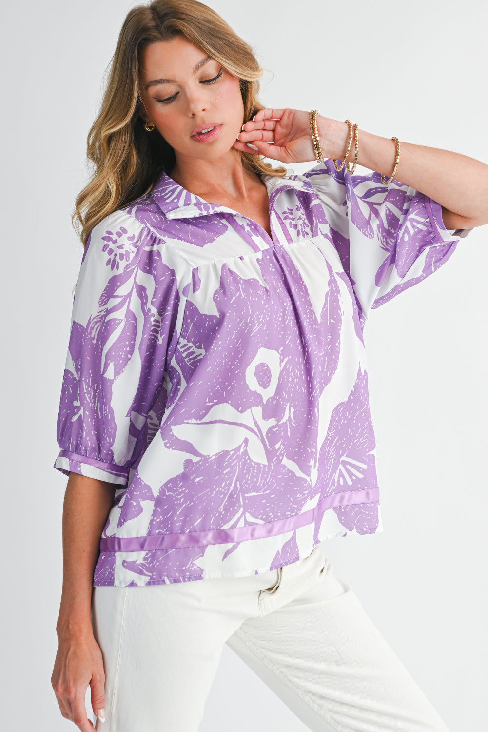 Purple Floral V-Neck Bubble Sleeve Blouse