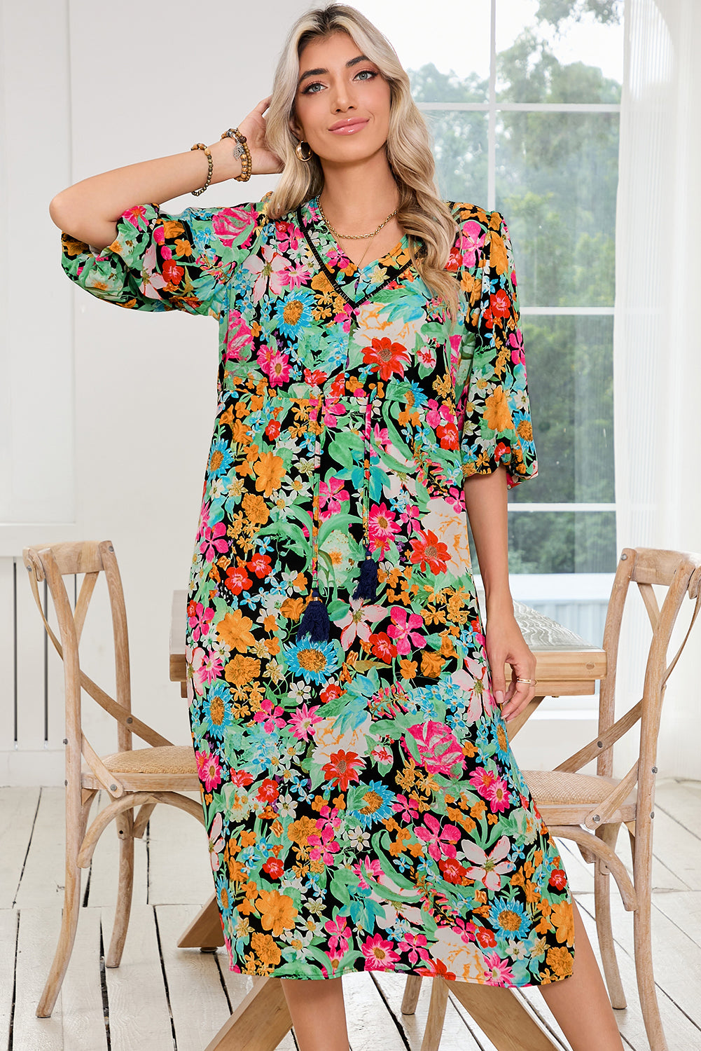 Green Boho Floral Puff Sleeve V Neck Tassel Drawstring Midi Dress