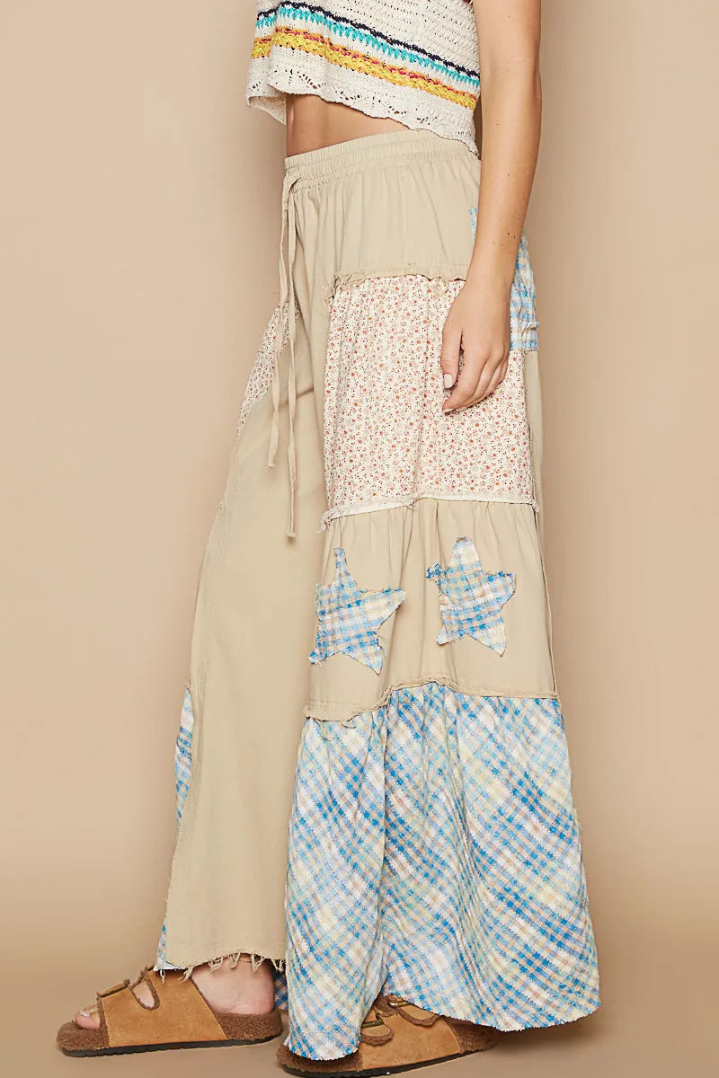 Drawstring Star Patch Contrast Wide Leg Pants