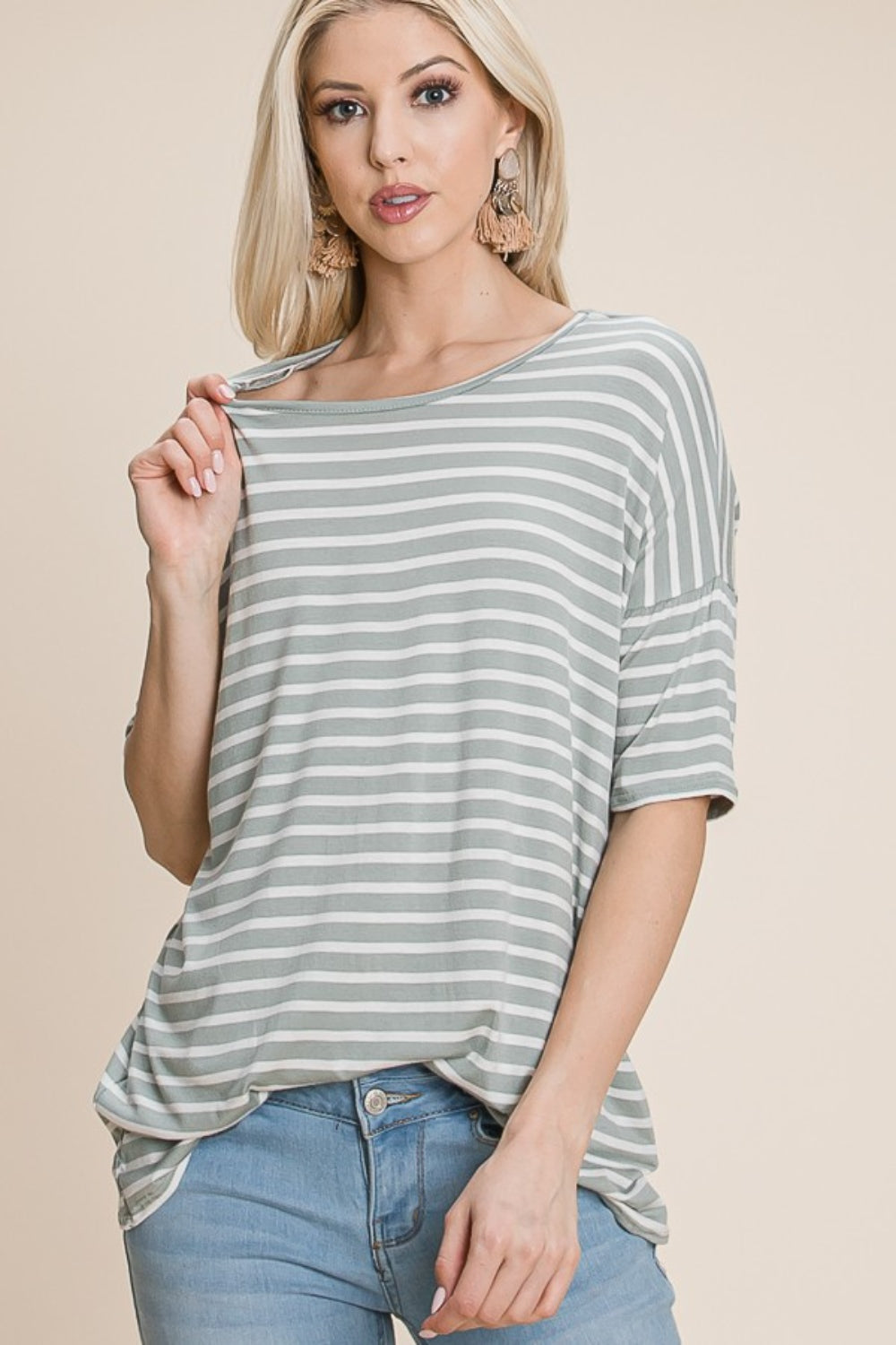 BOMBOM Striped Round Neck T-Shirt-3