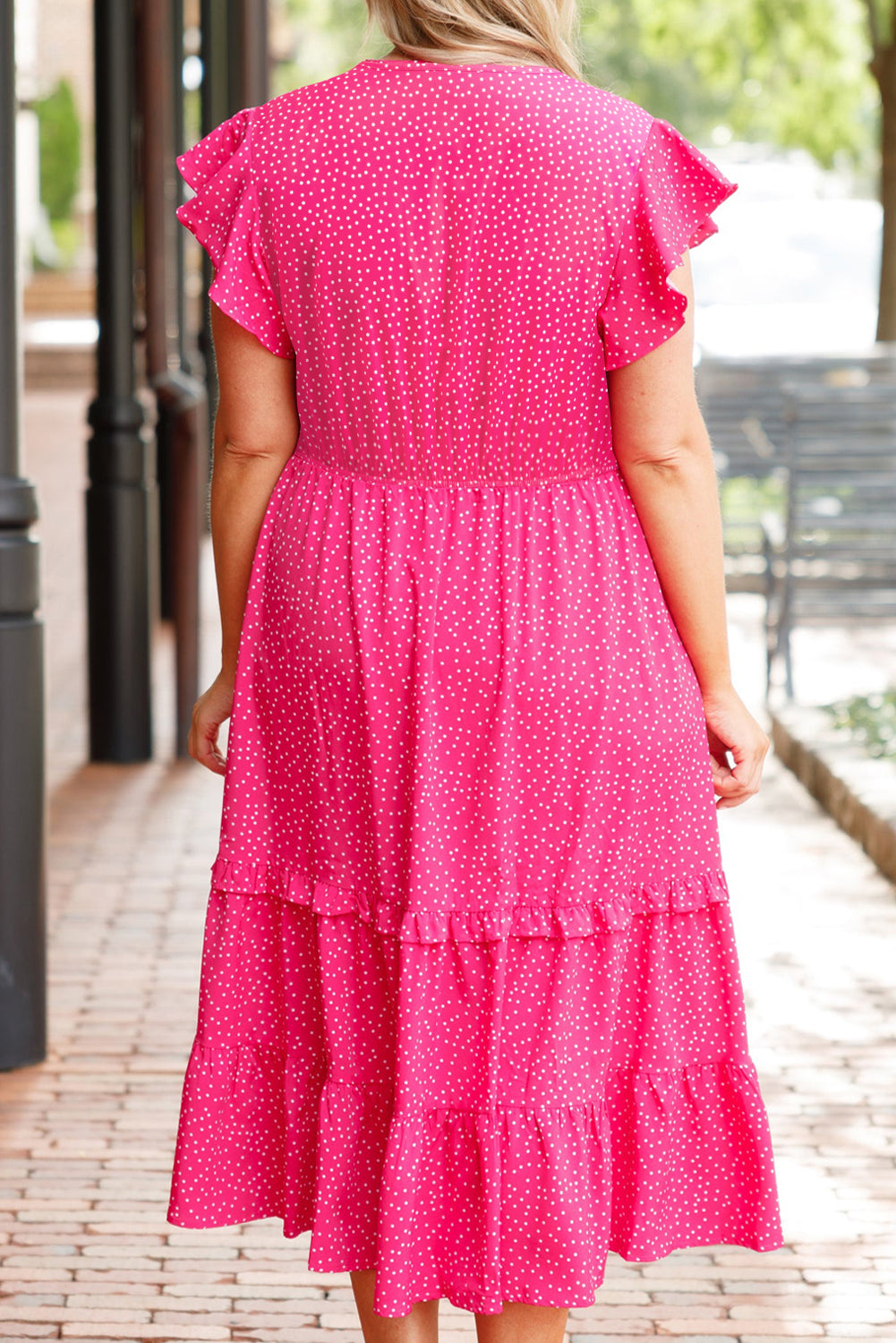 Rose Polka Dot Print Ruffle Smocked High Waist Plus Midi Dress