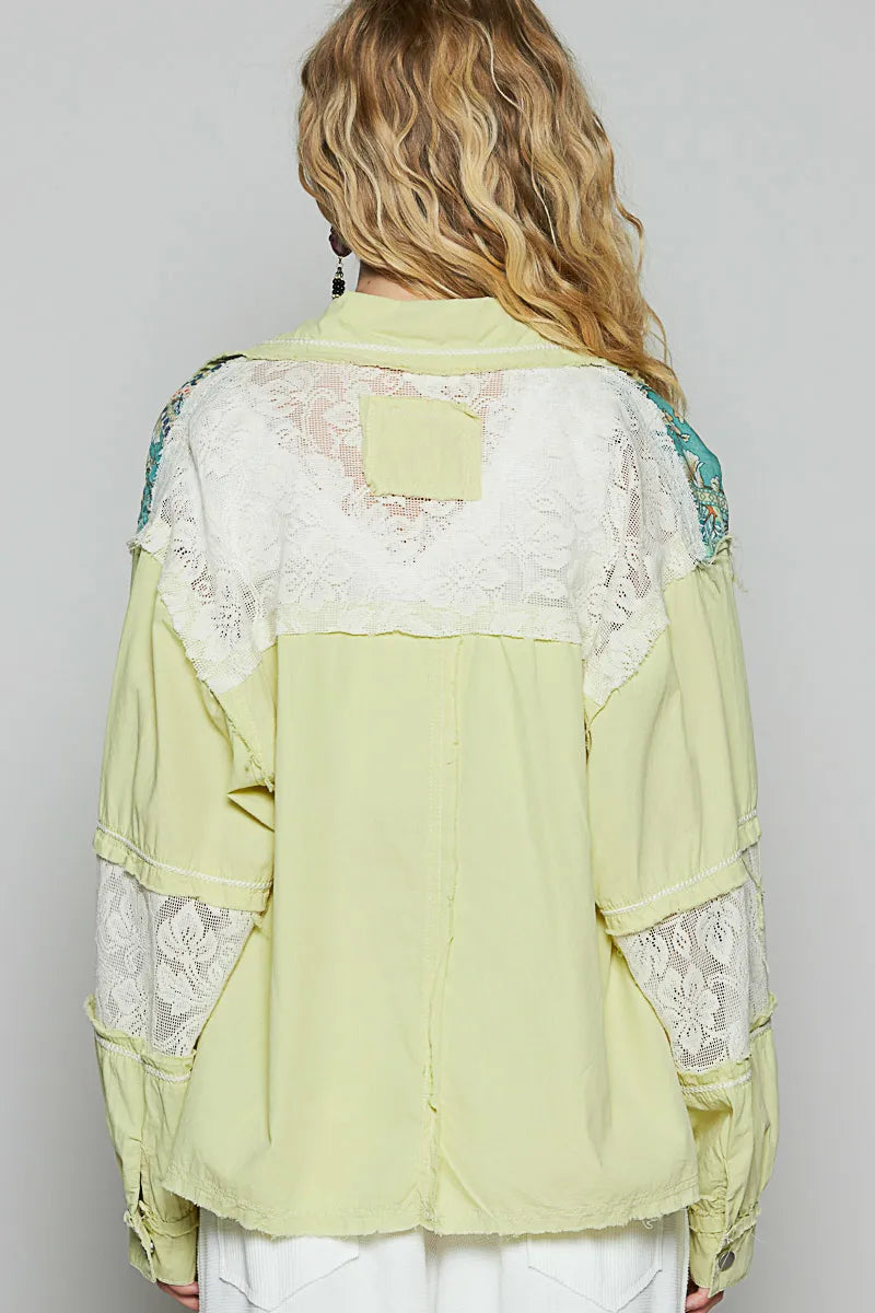 Printed Woven Mix Raw Hem Jacket with Lace Detail