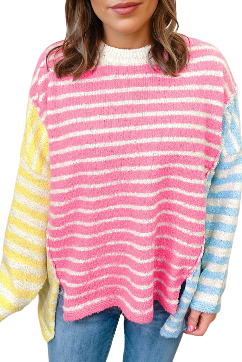 Multicolour Striped Exposed Seam Colorblock Patchwork Plus Size Sweater