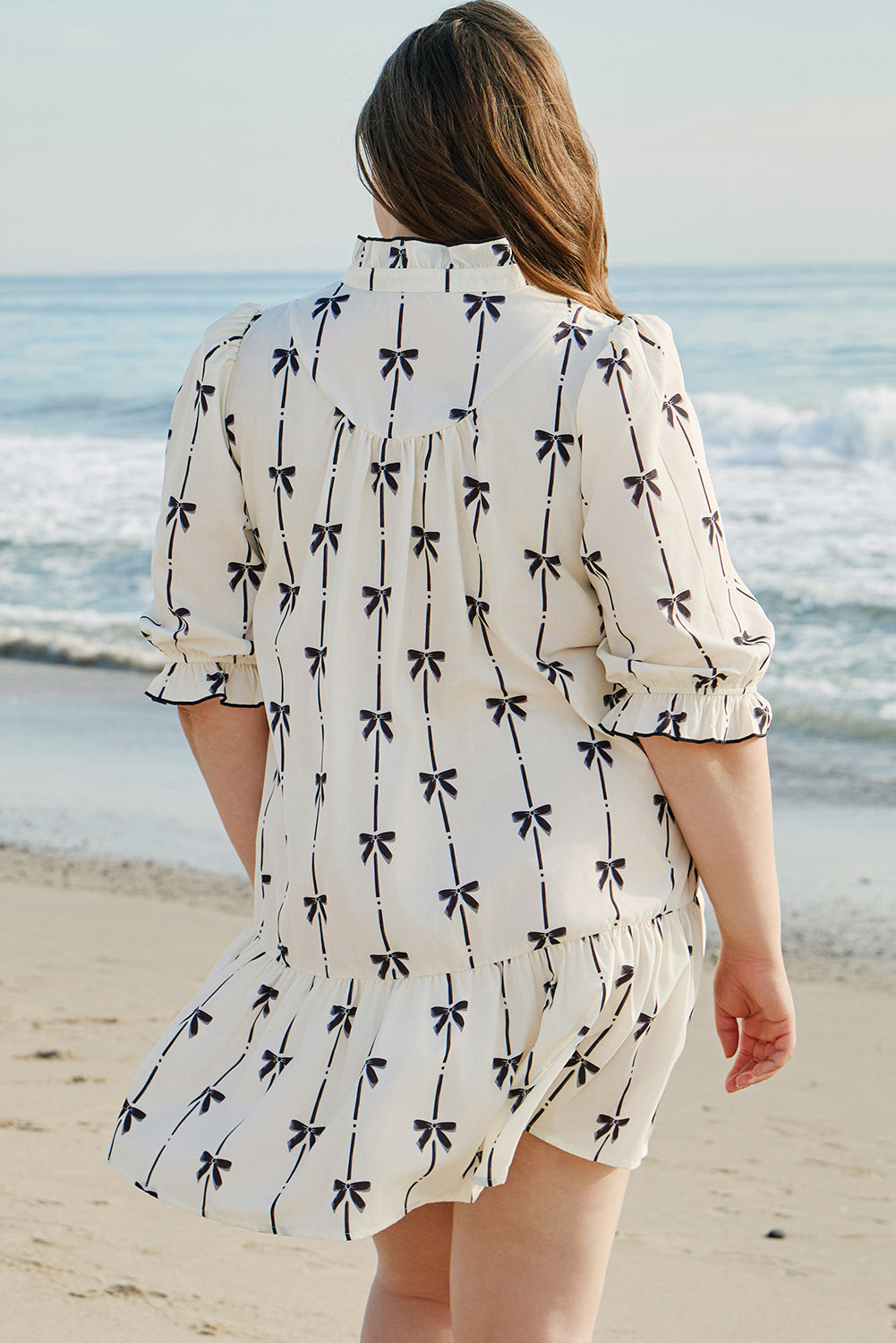 Apricot Striped Bow Print Puff Sleeve Ruffle Plus Size Mini Dress